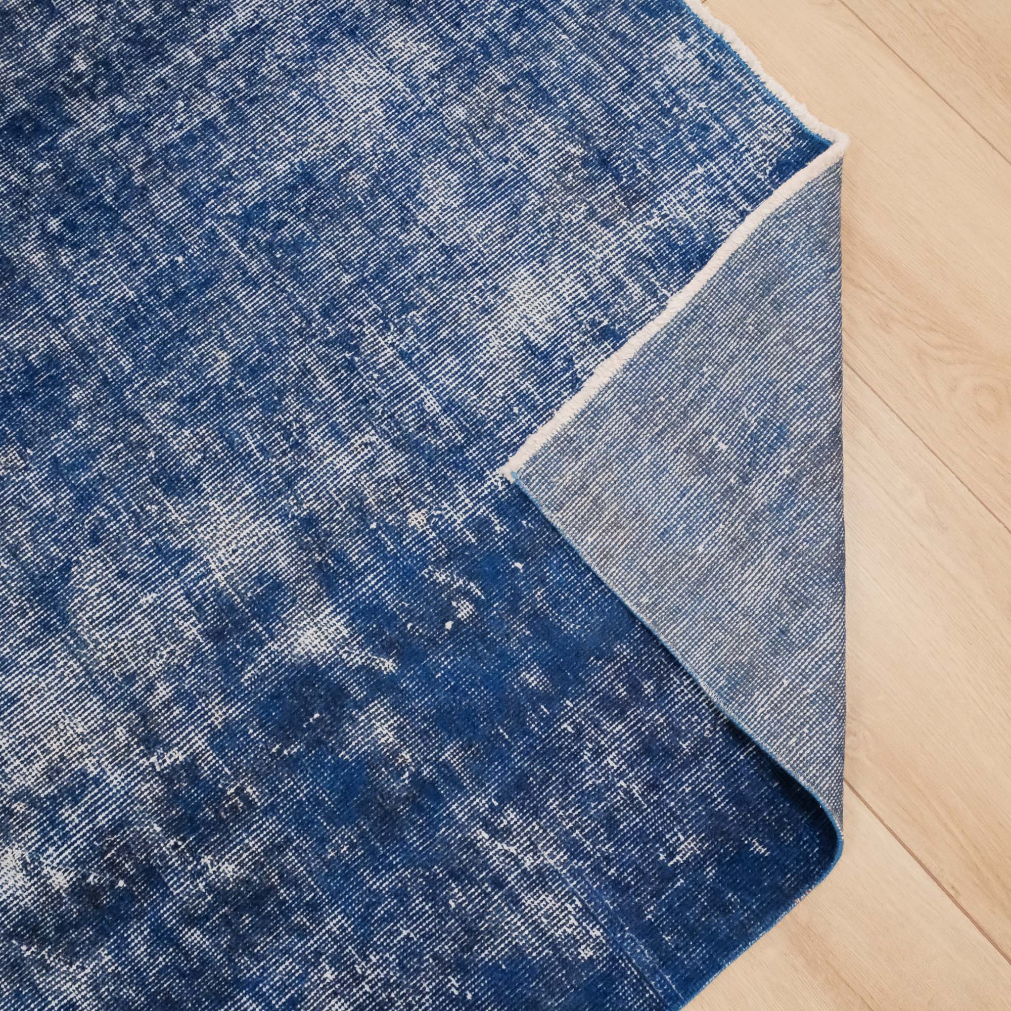 Hand-Woven Vintage Patterned Navy Blue Wool Carpet