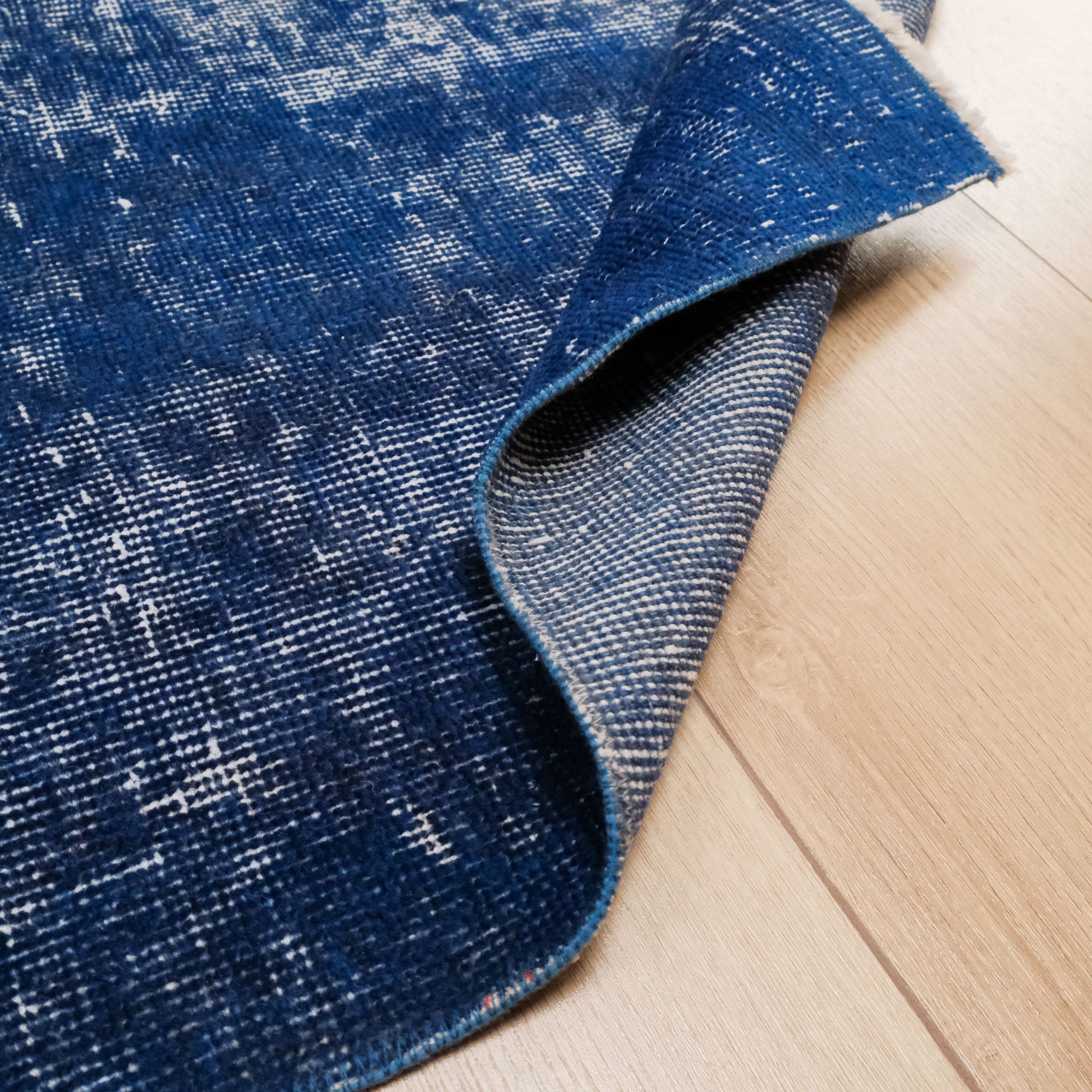 Hand-Woven Vintage Patterned Navy Blue Wool Carpet