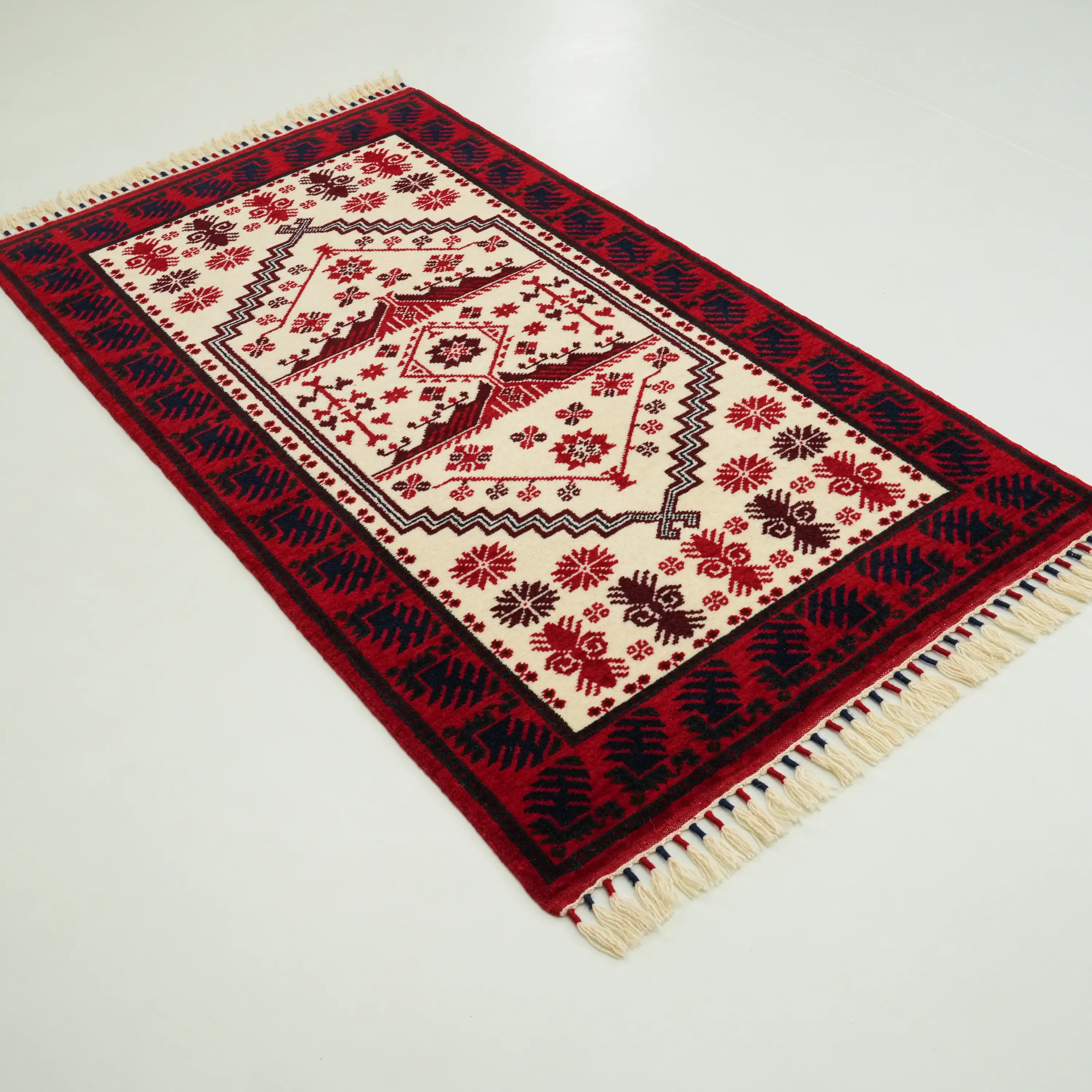 Handwoven Yağcıbedir Pattern Cream Wool Ethnic Rug
