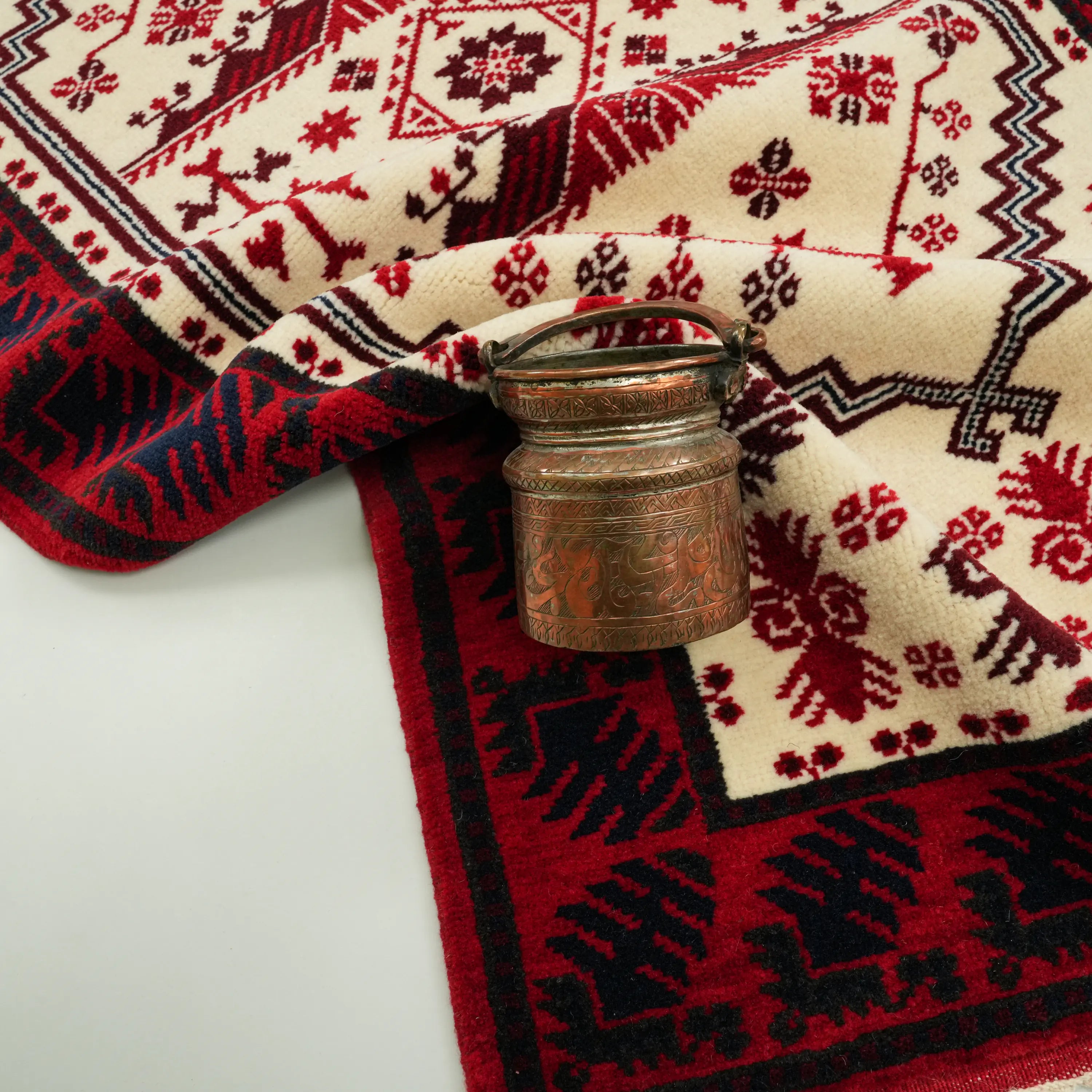 Handwoven Yağcıbedir Pattern Cream Wool Ethnic Rug
