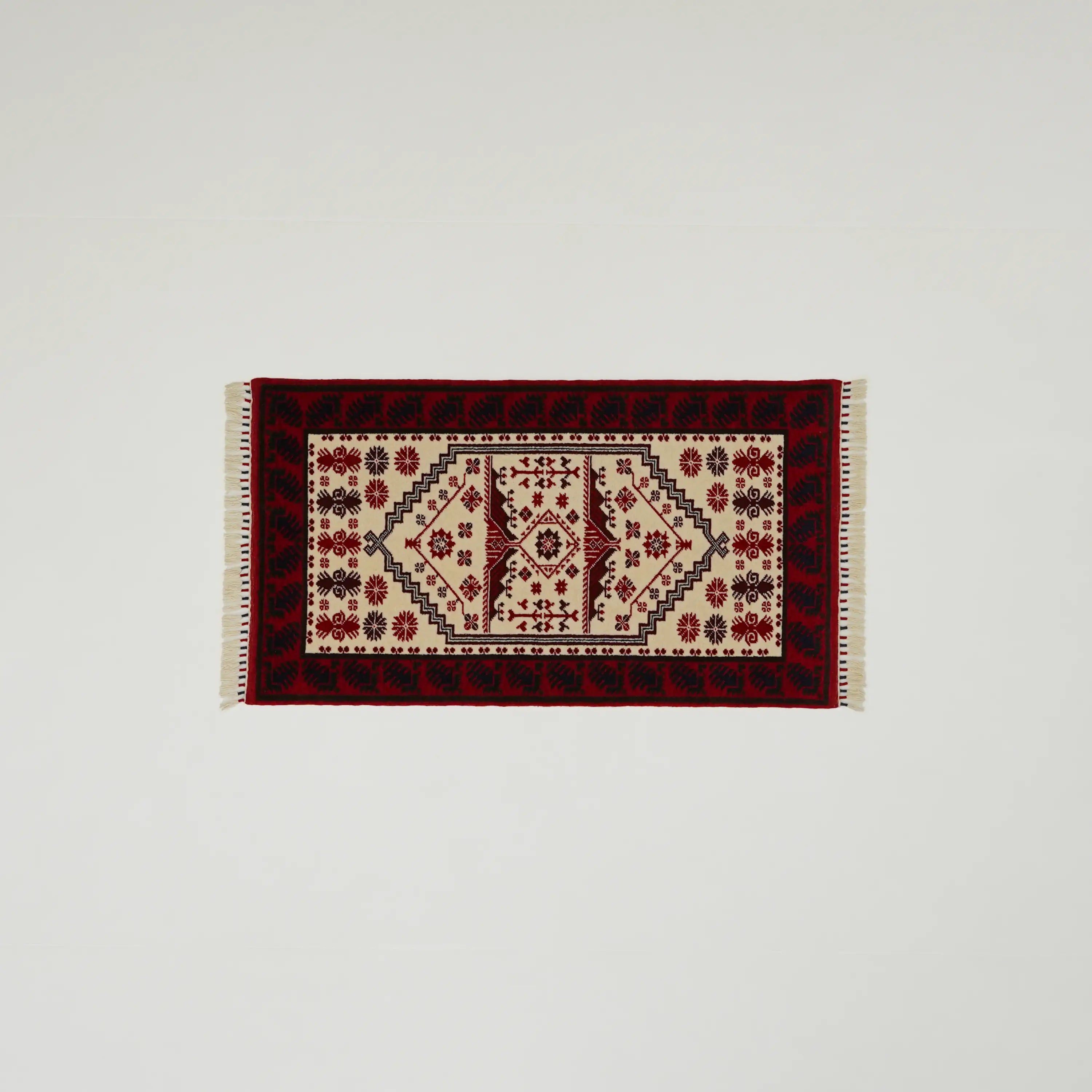 Handwoven Yağcıbedir Pattern Cream Wool Ethnic Rug