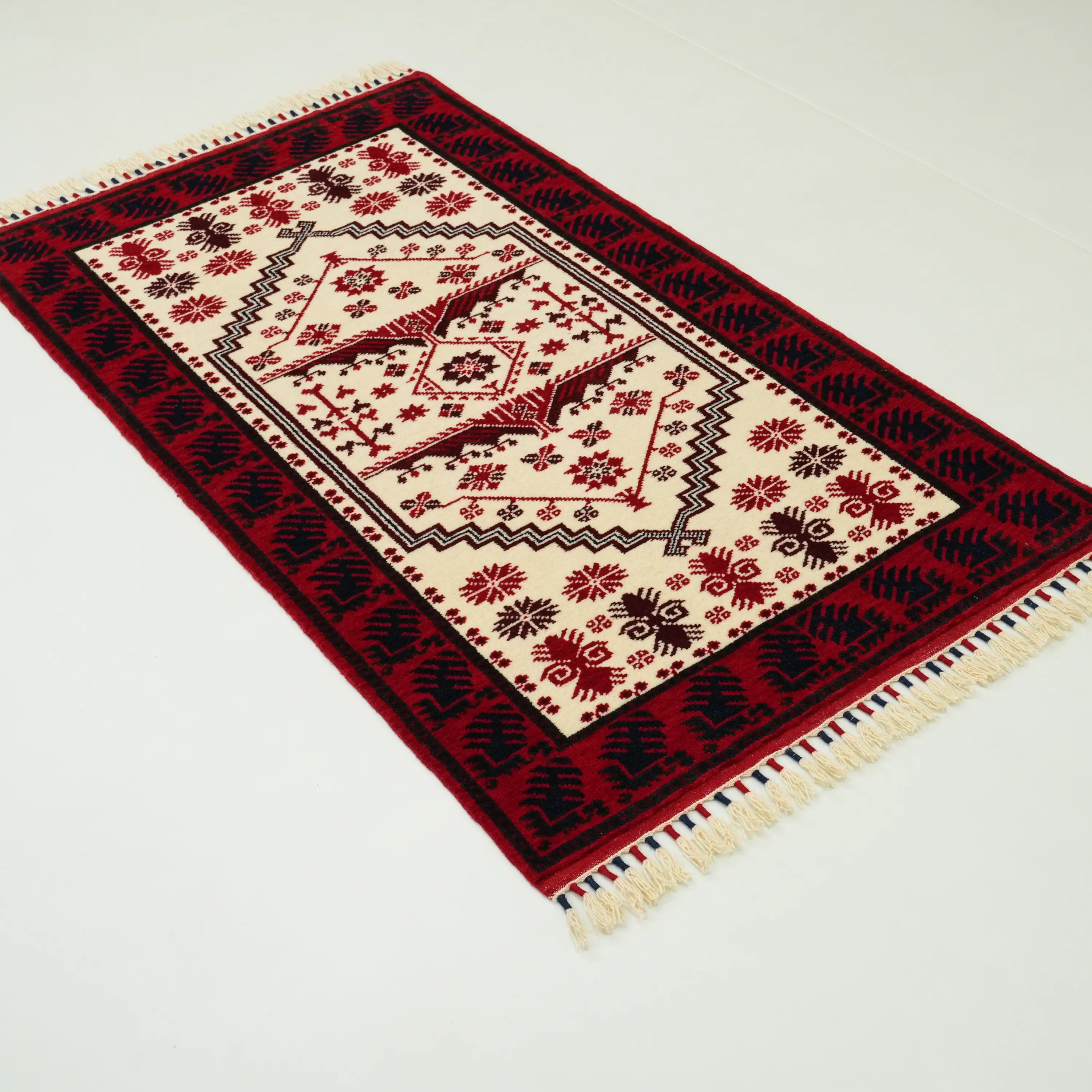 Handwoven Yağcıbedir Pattern Cream Wool Ethnic Rug