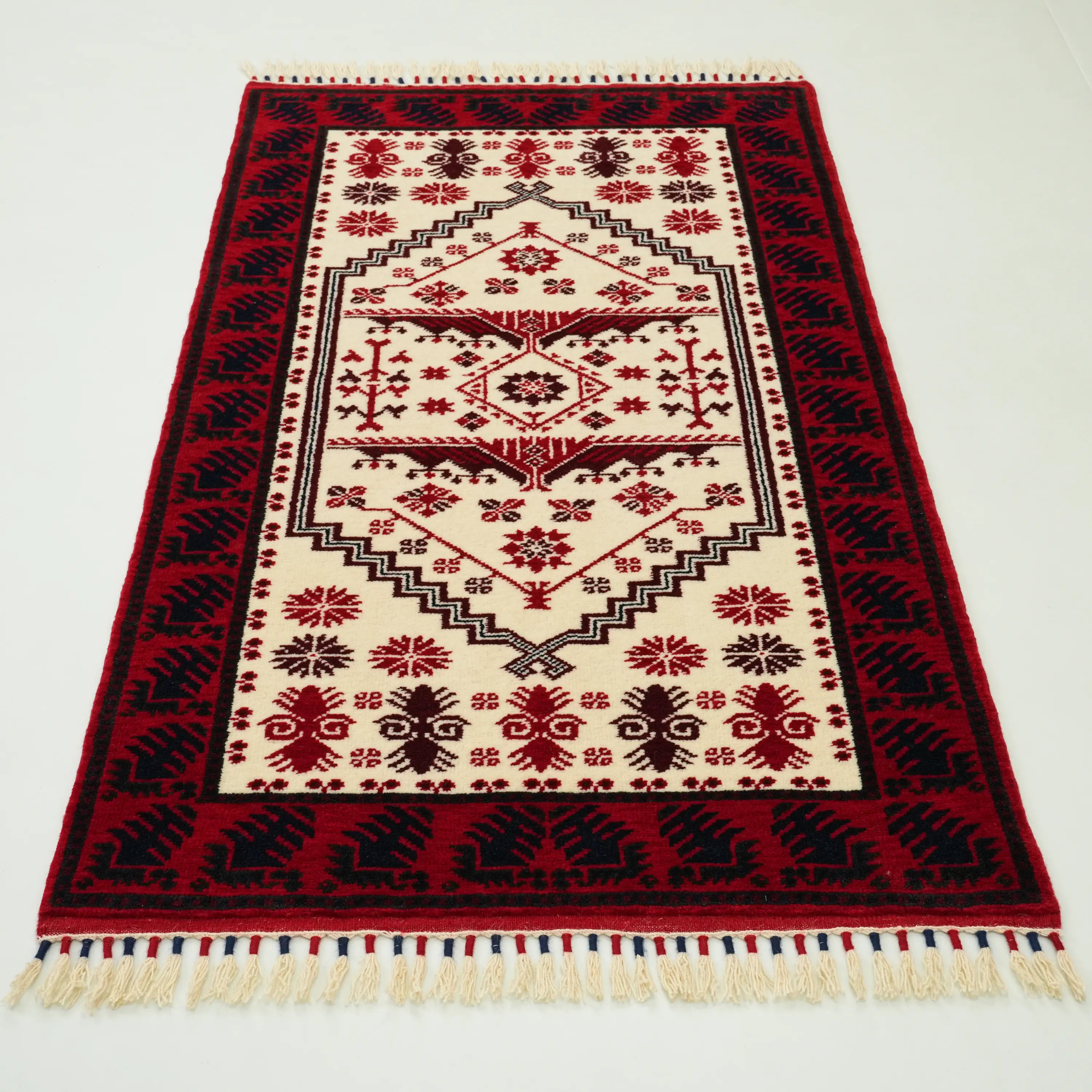 Handwoven Yağcıbedir Pattern Cream Wool Ethnic Rug