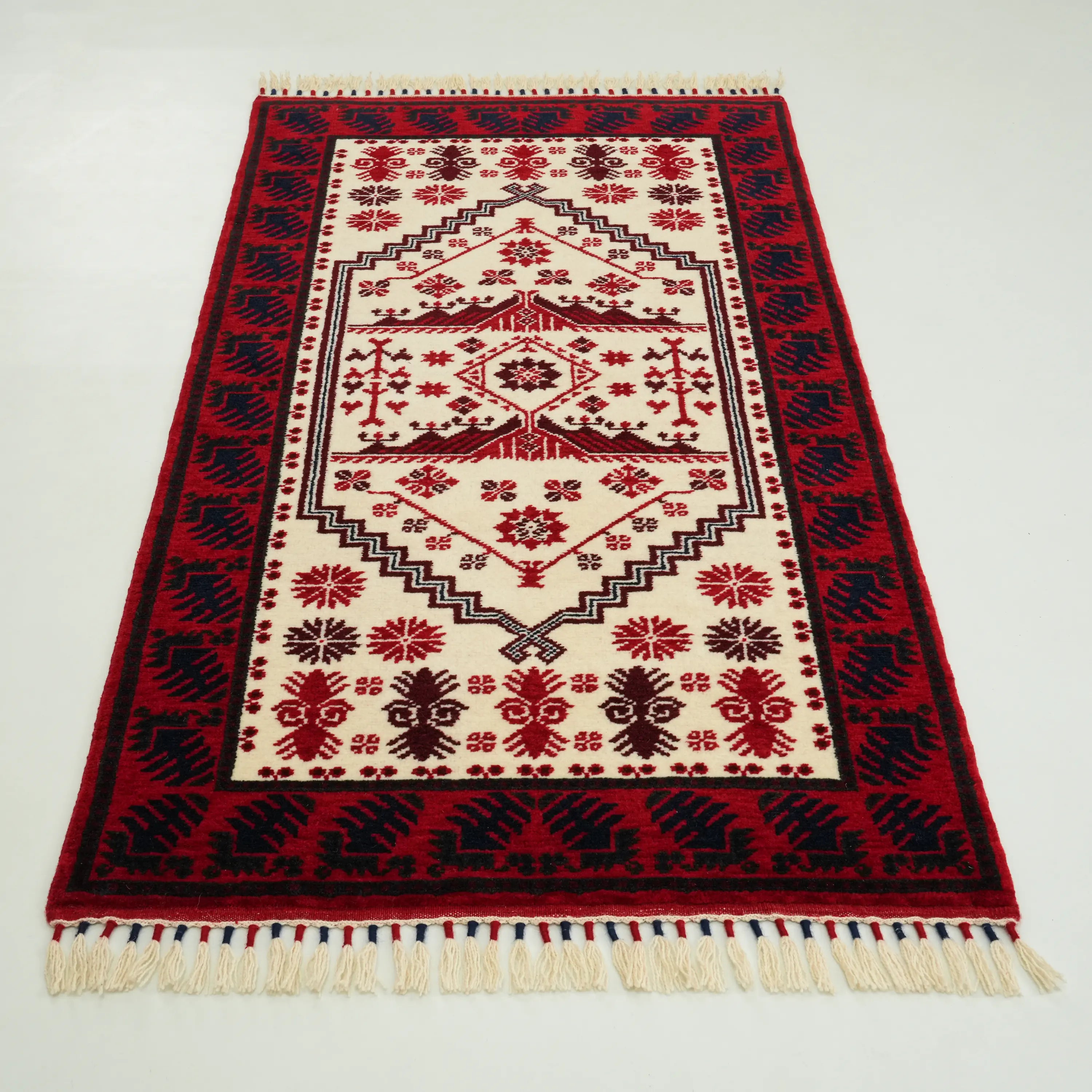 Handwoven Yağcıbedir Pattern Cream Wool Ethnic Rug
