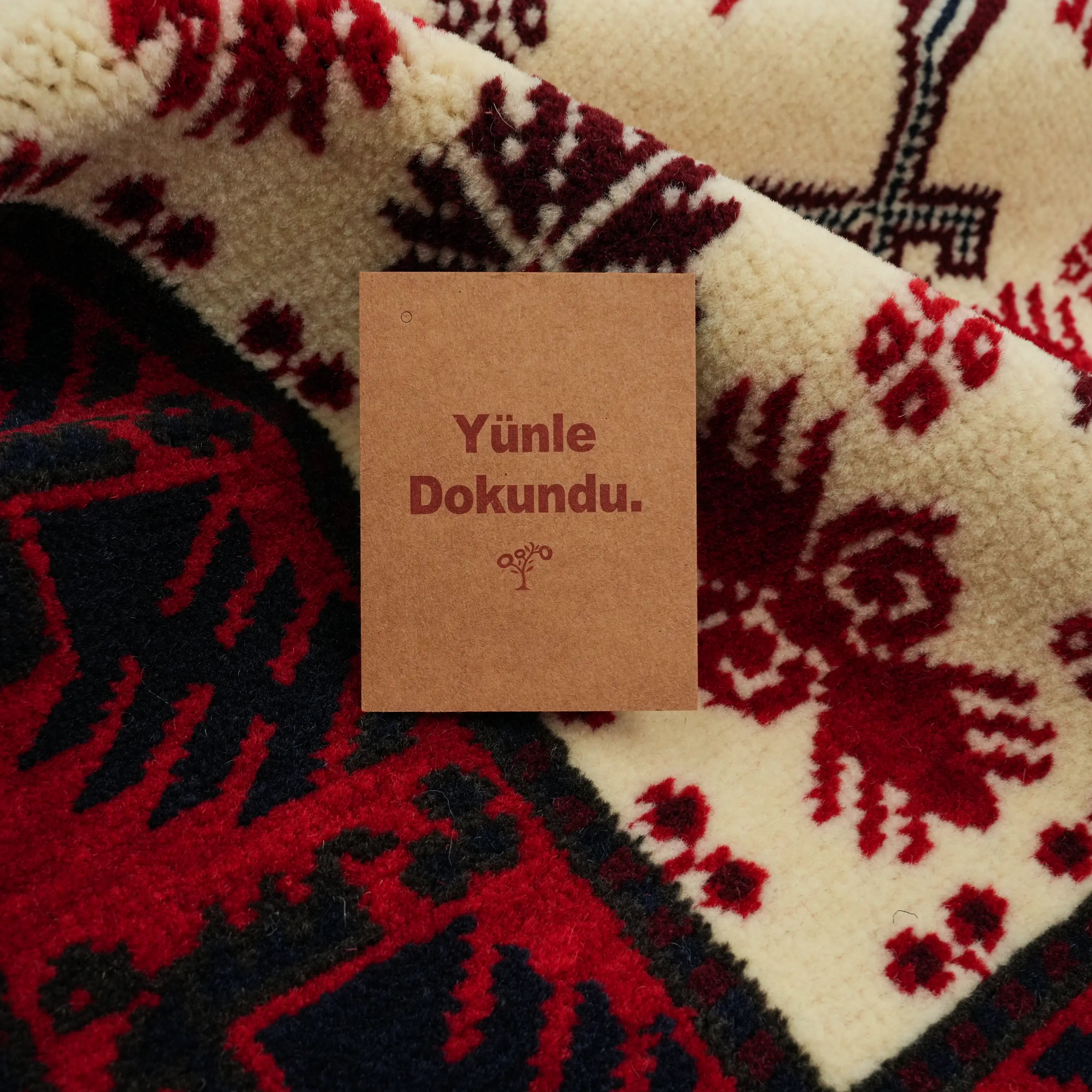 Handwoven Yağcıbedir Pattern Cream Wool Ethnic Rug