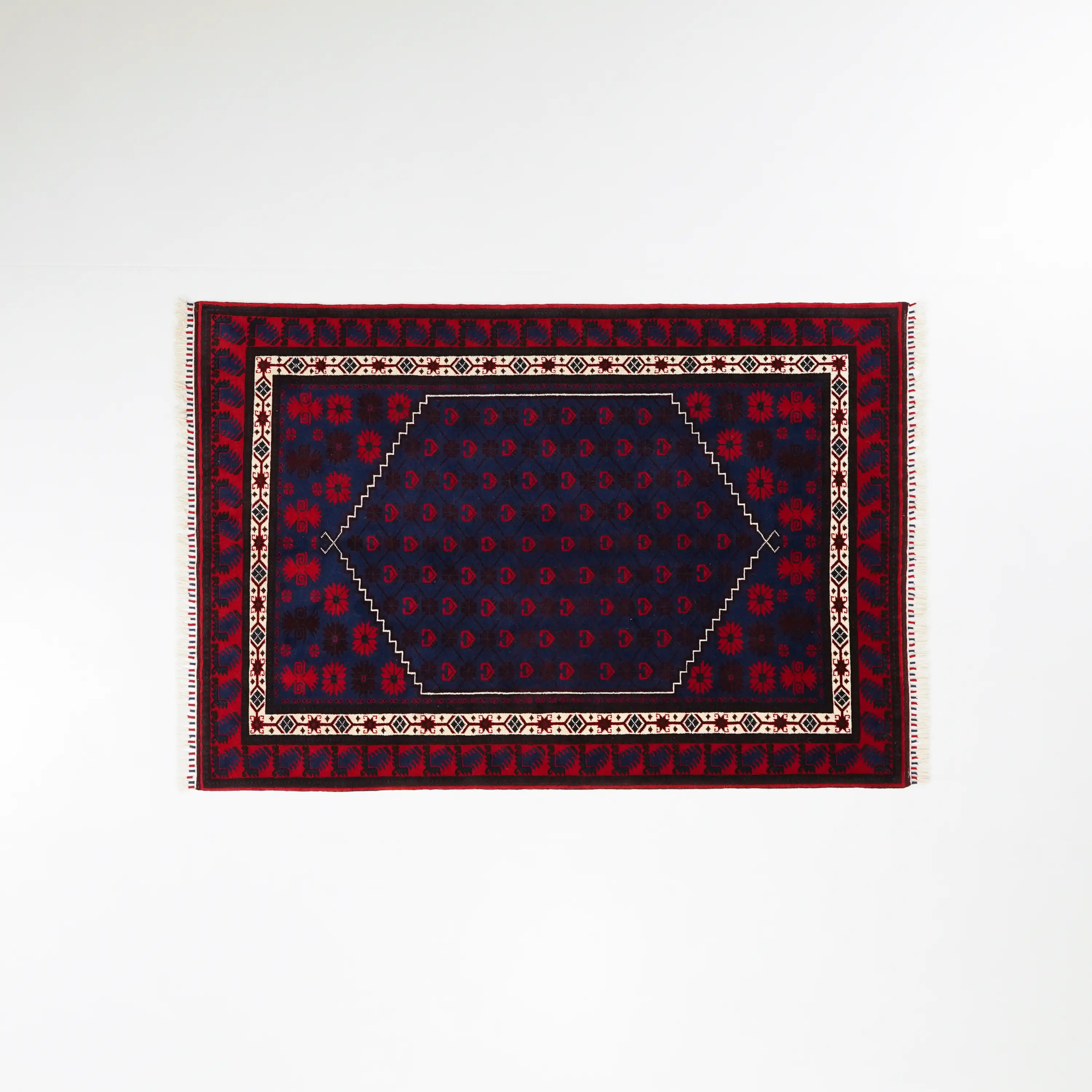 El Dokuma Yağcıbedir Desenli Lacivert Yün Etnik Halı