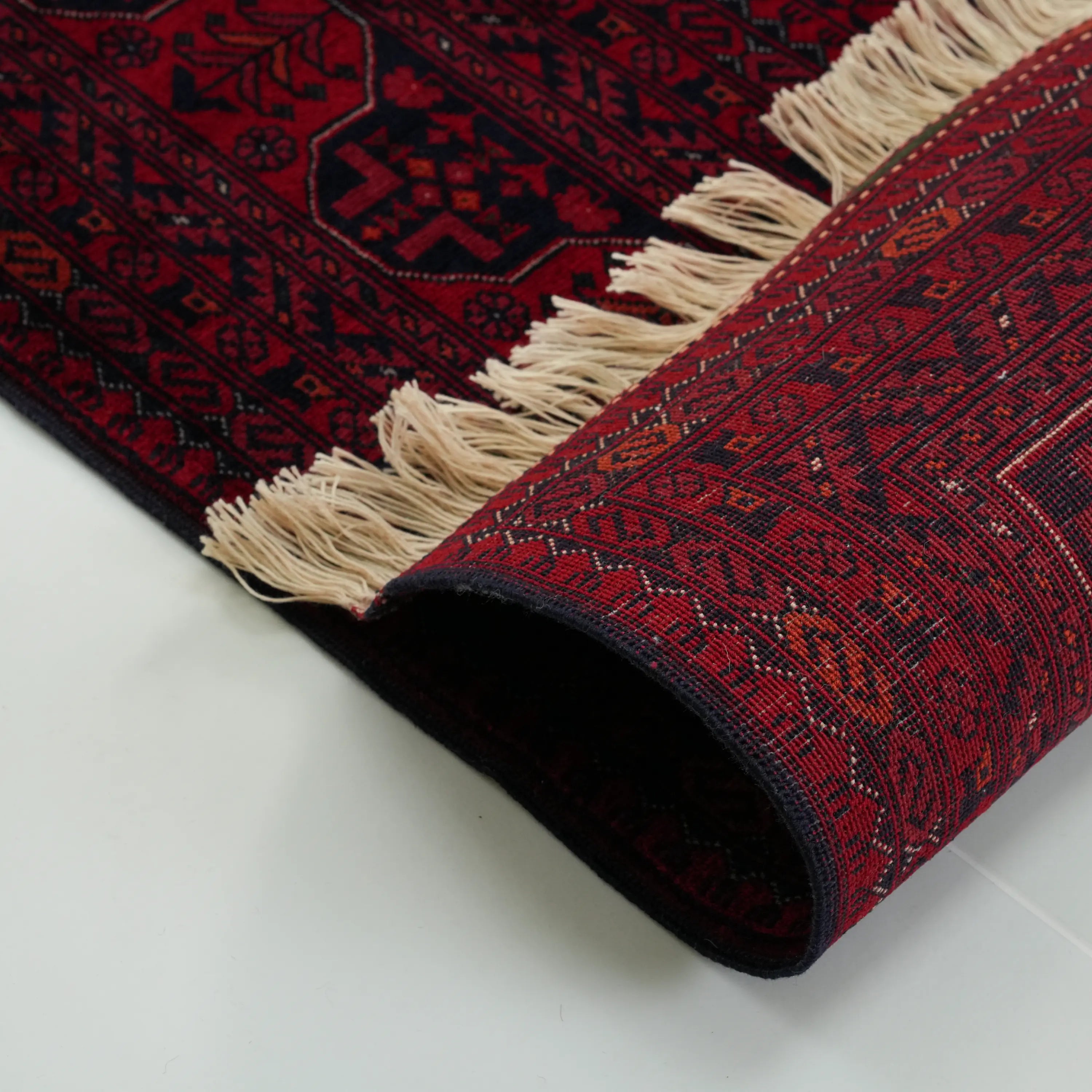 El Dokuma Yün Afgan Desenli Bordo Bilicik Etnik Halı