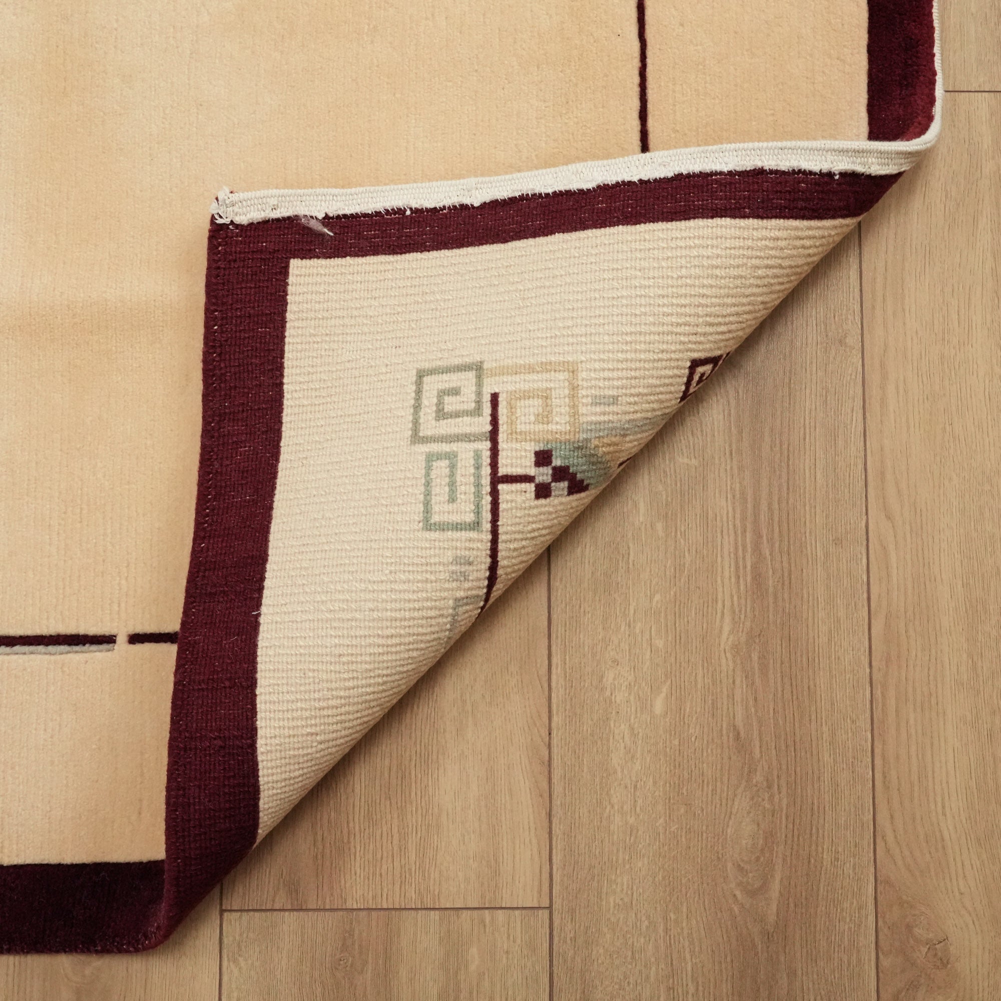 El Dokuma Yün Çerçeve Desenli Krem Halı