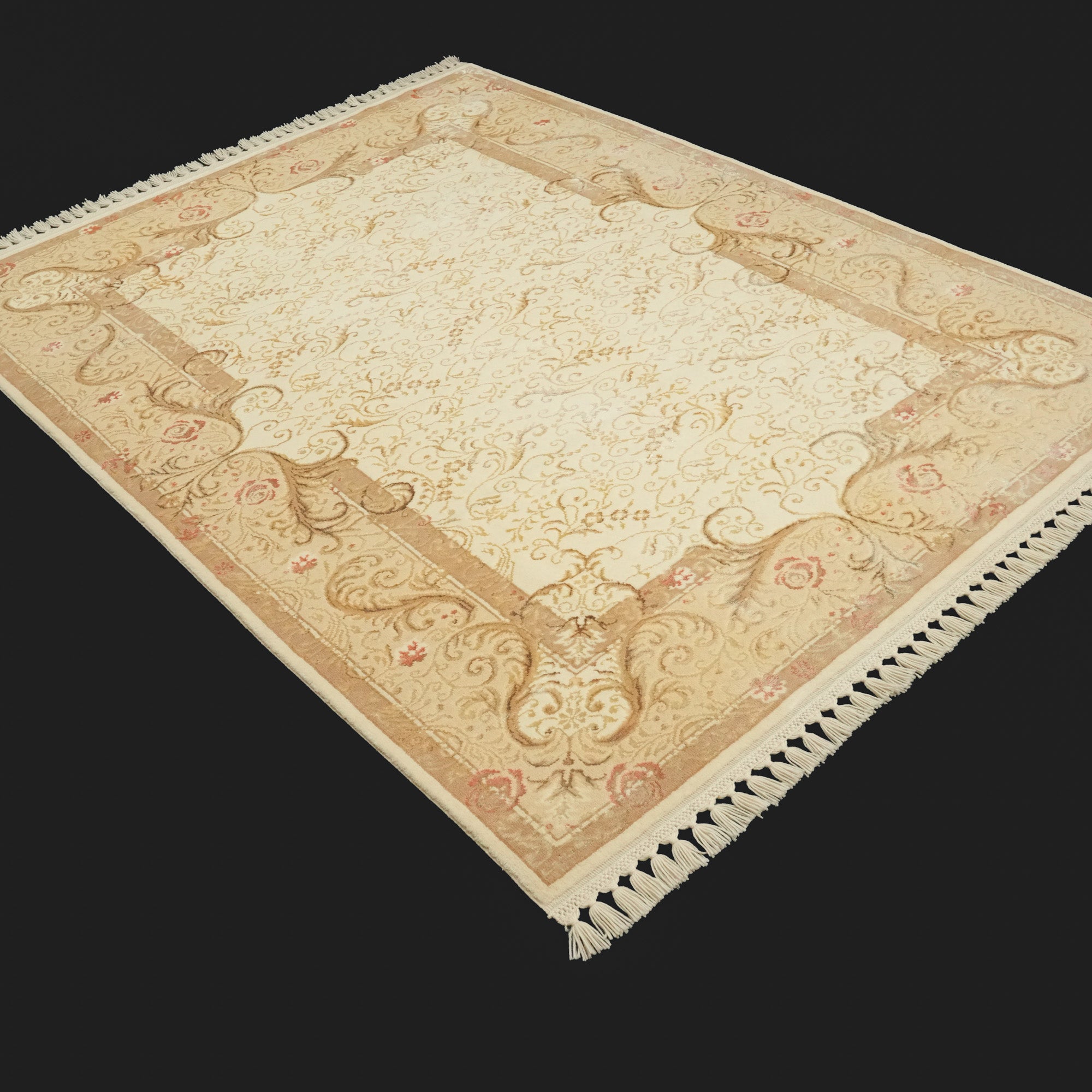 El Dokuma Yün Çiçek Desenli Krem Halı