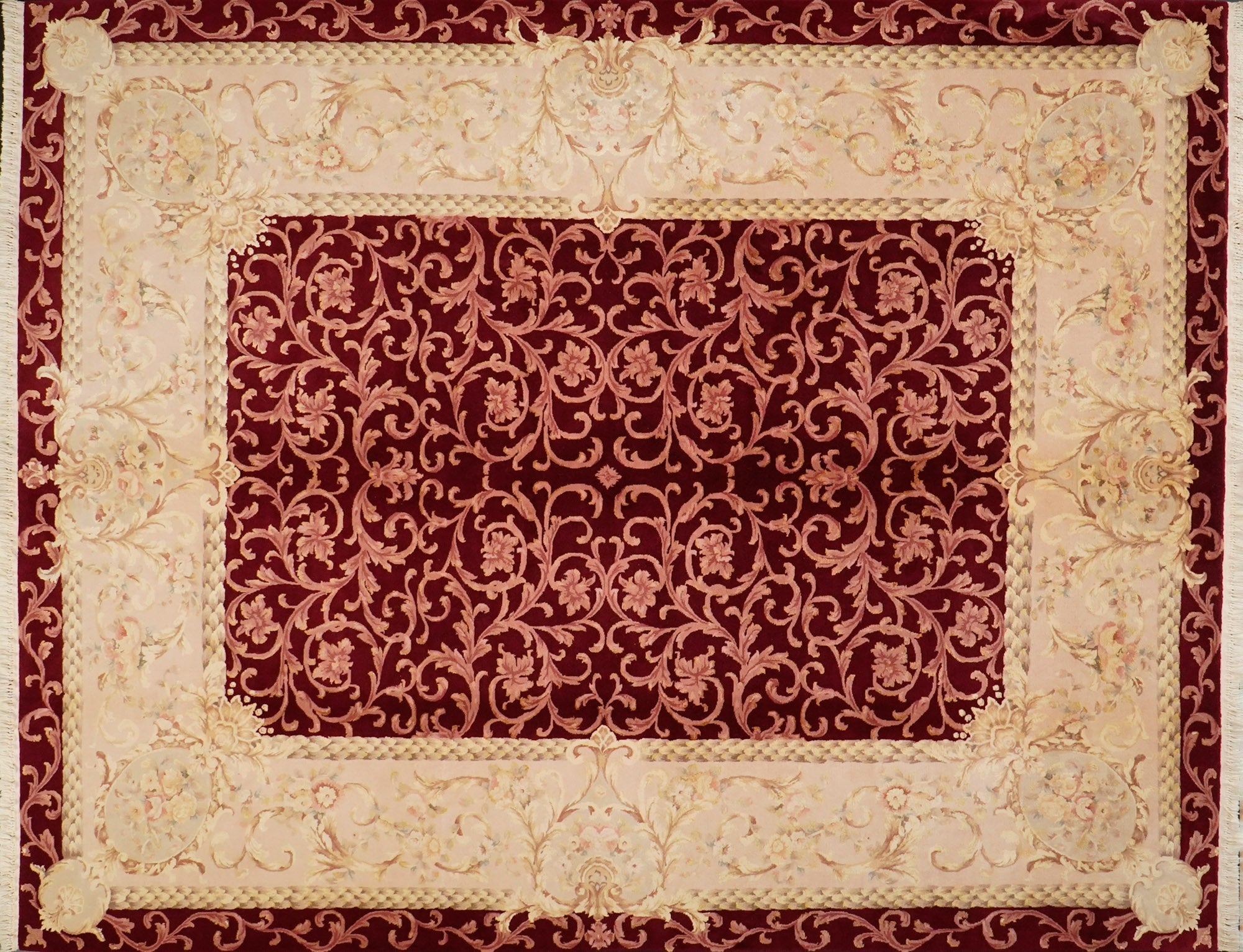 Hand Woven Frame Patterned Burgundy Wool Carpet