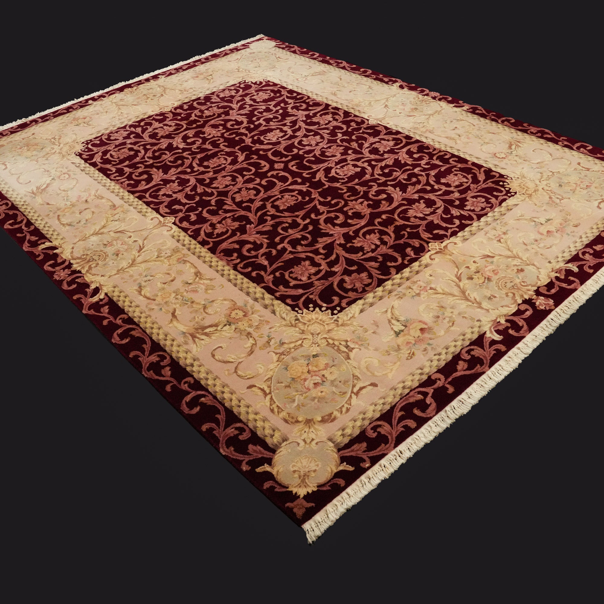 Hand Woven Frame Patterned Burgundy Wool Carpet