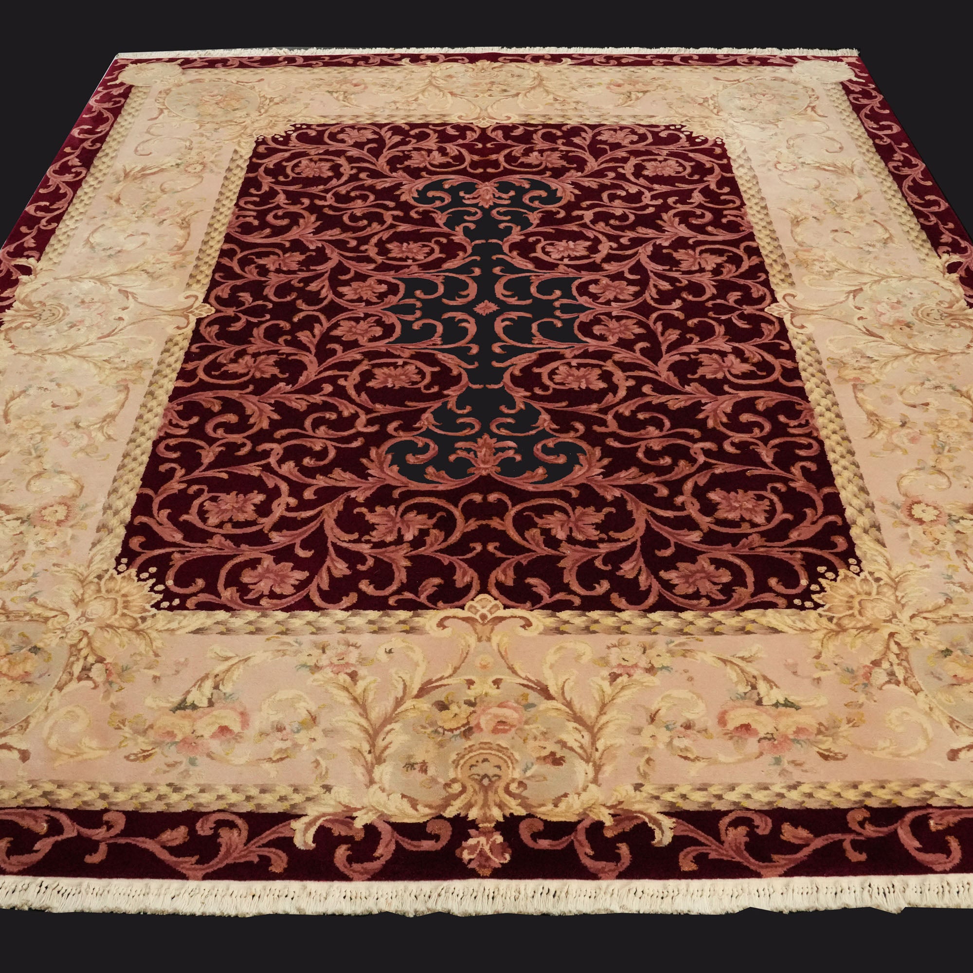 Hand Woven Frame Patterned Burgundy Wool Carpet