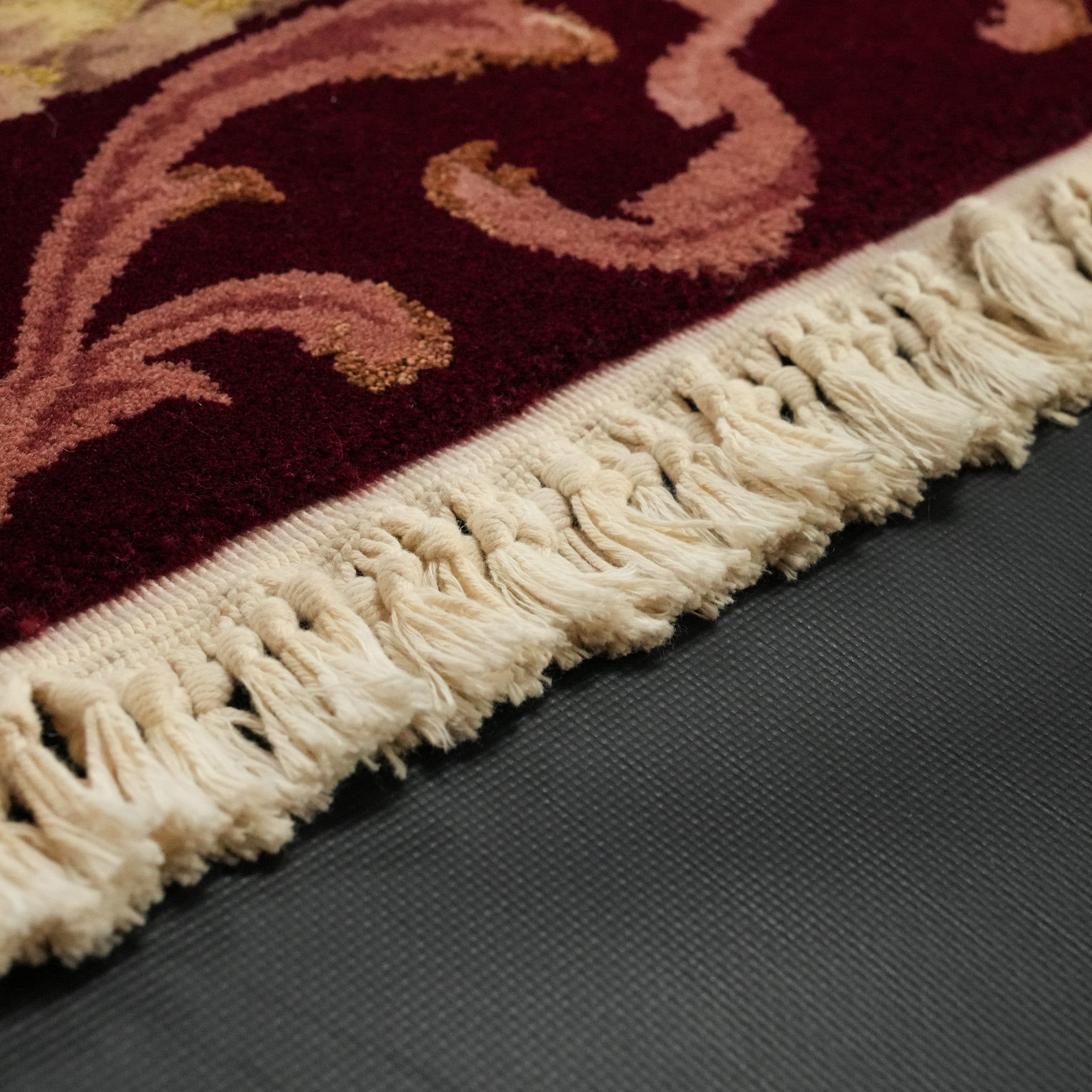 Hand Woven Frame Patterned Burgundy Wool Carpet