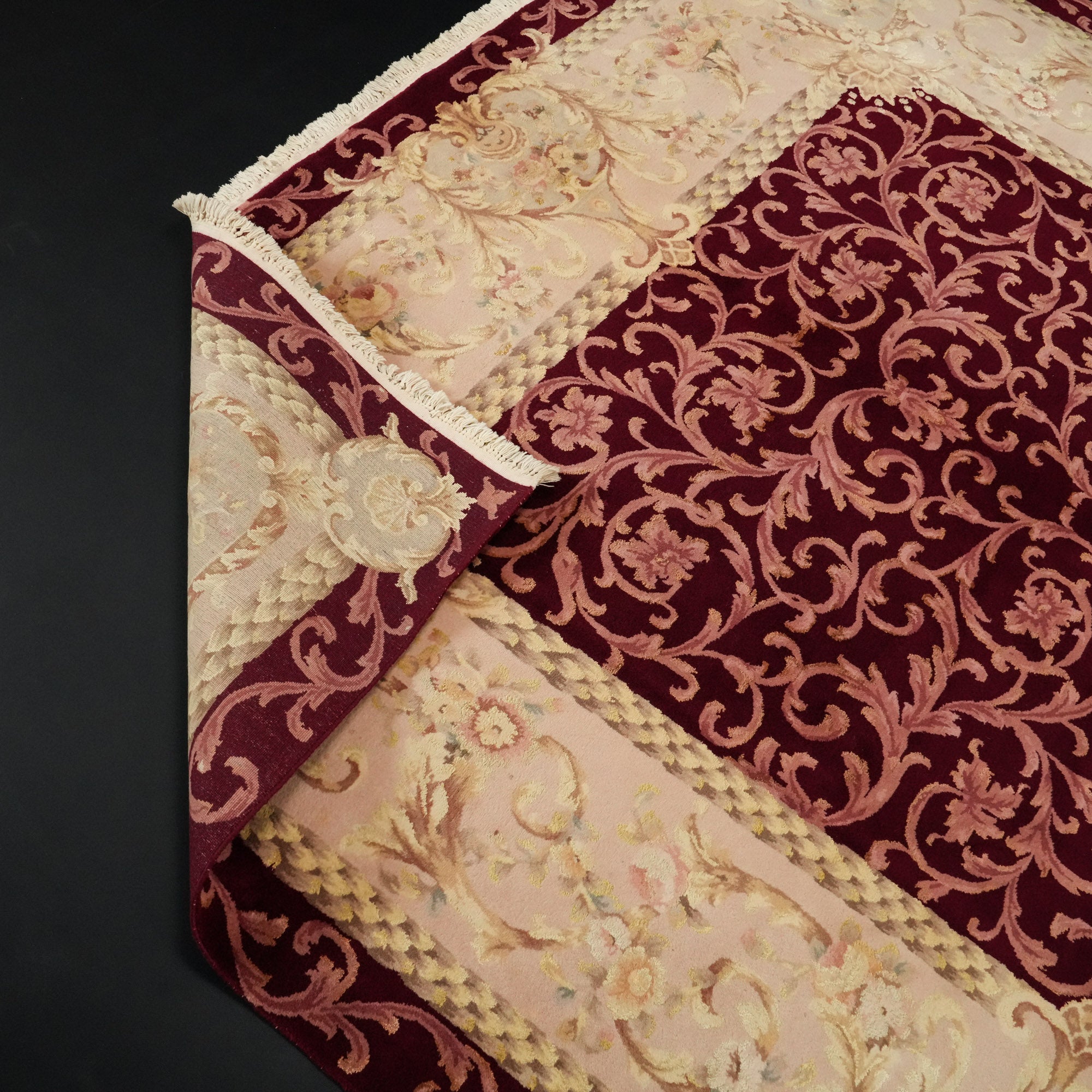 Hand Woven Frame Patterned Burgundy Wool Carpet