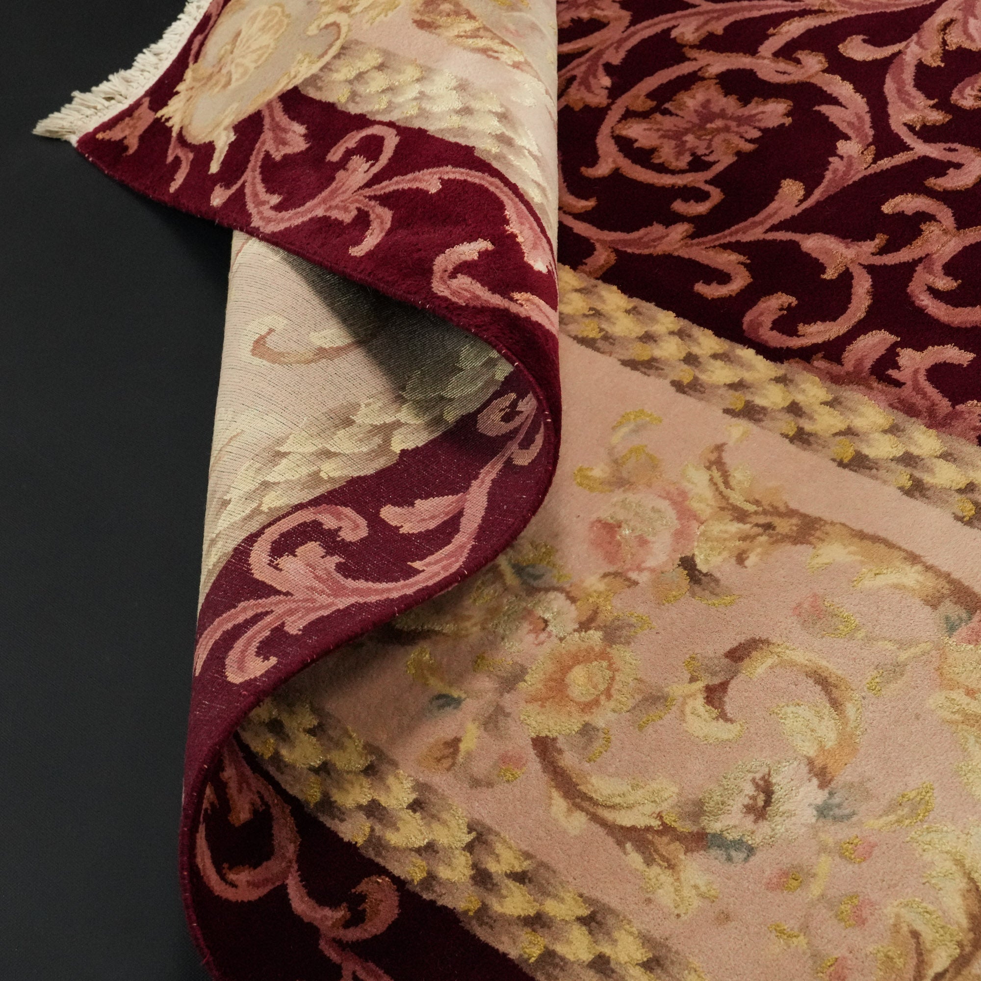 Hand Woven Frame Patterned Burgundy Wool Carpet