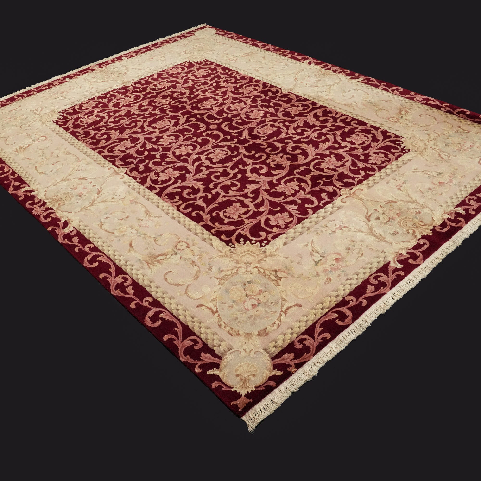 Hand Woven Frame Patterned Burgundy Wool Carpet