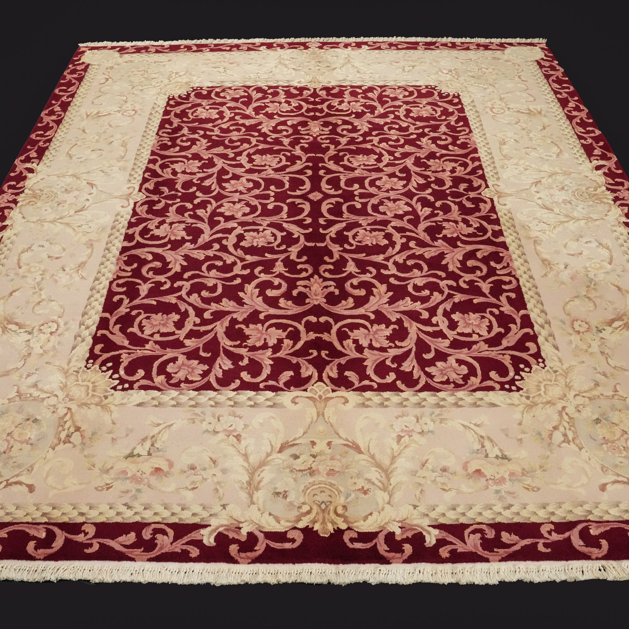 Hand Woven Frame Patterned Burgundy Wool Carpet