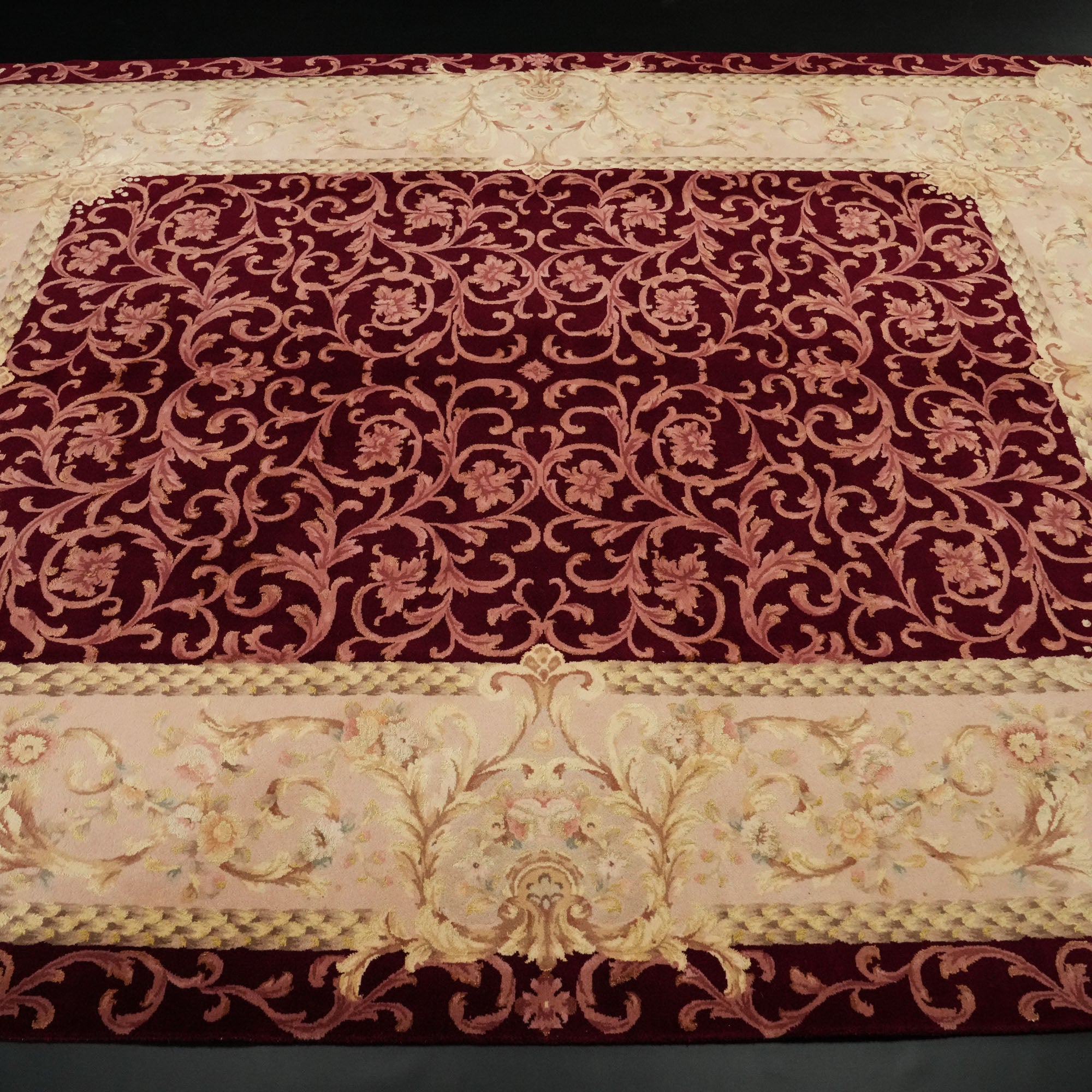 Hand Woven Frame Patterned Burgundy Wool Carpet