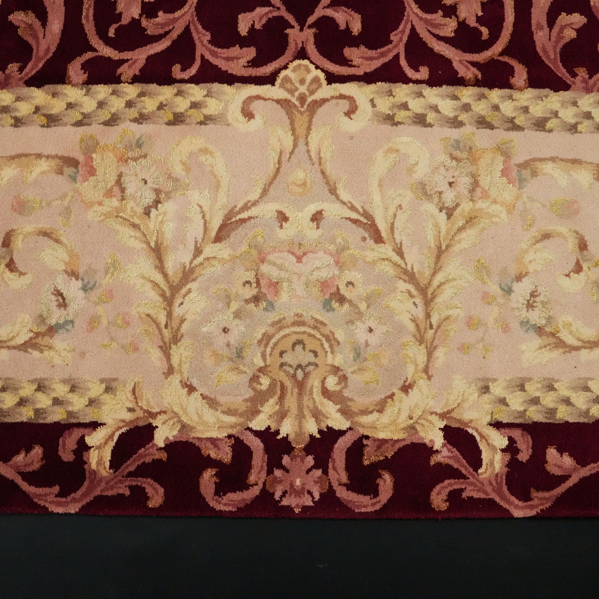 Hand Woven Frame Patterned Burgundy Wool Carpet