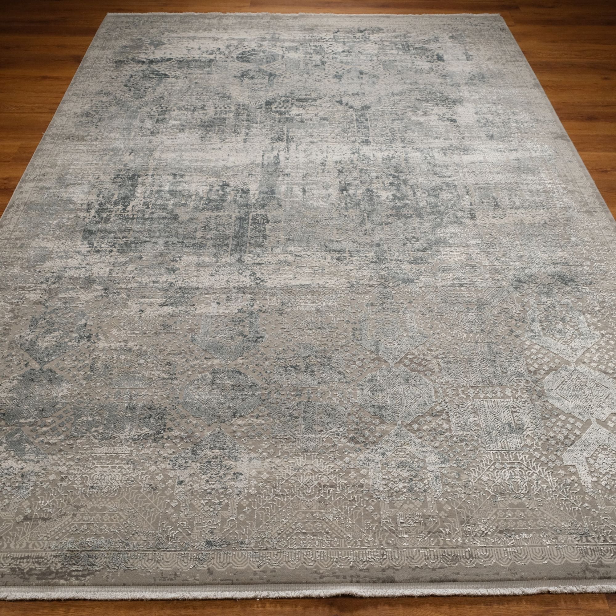 Fresco Serisi Makine Dokuma Vintage Desenli Gri Halı