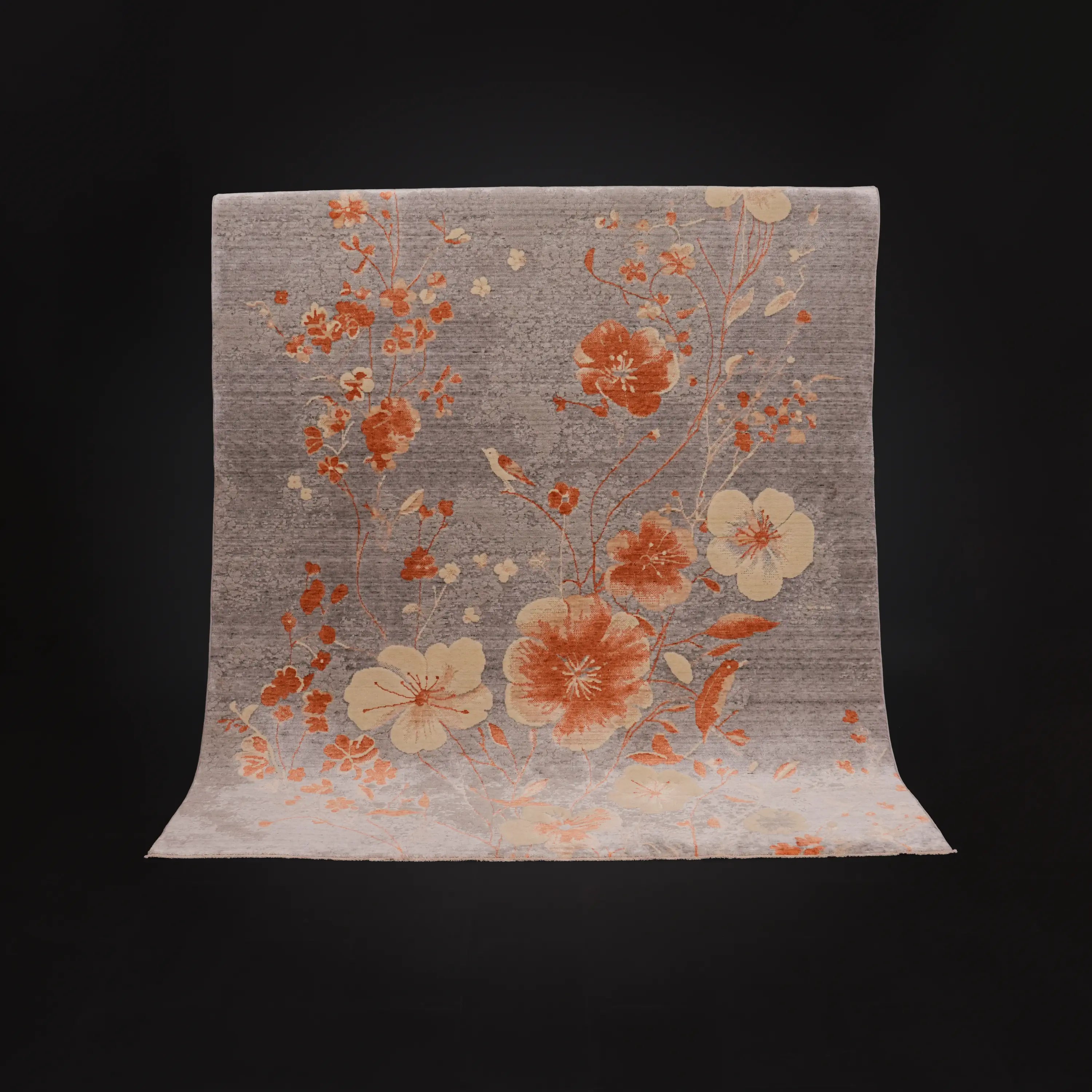 Günyolu Serisi Çiçek Desenli Gri Tezgah Dokuma Doğal Halı