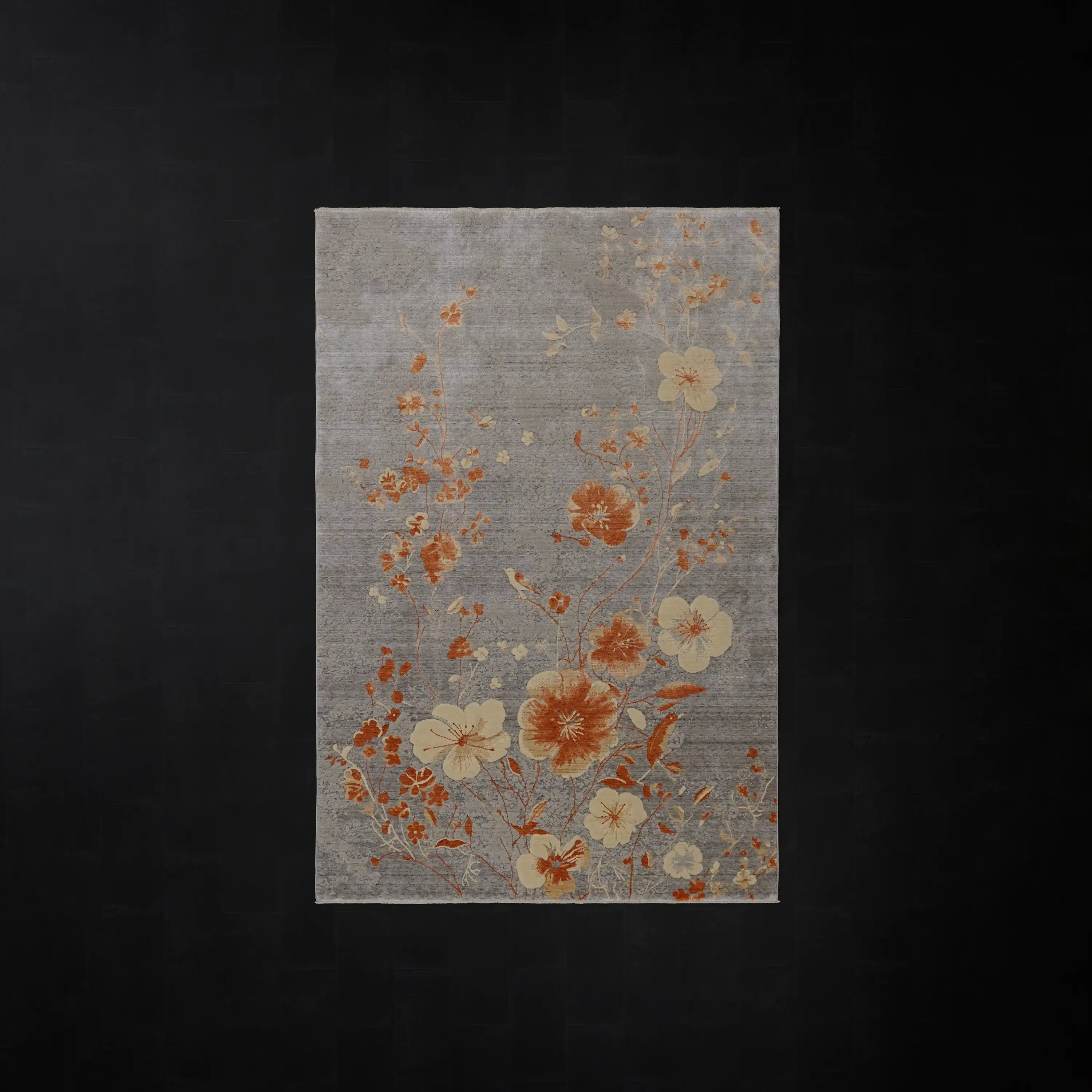 Günyolu Serisi Çiçek Desenli Gri Tezgah Dokuma Doğal Halı