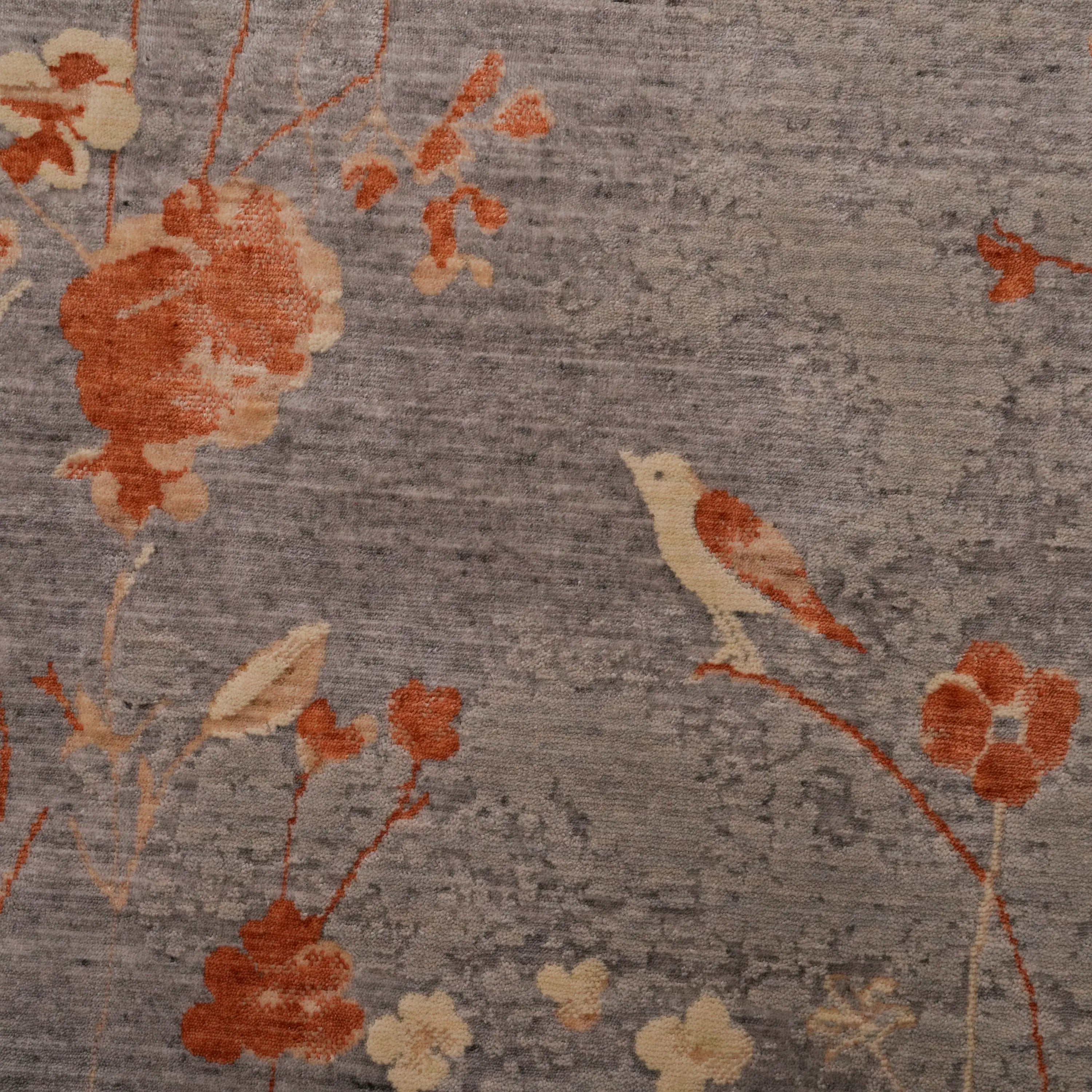 Günyolu Serisi Çiçek Desenli Gri Tezgah Dokuma Doğal Halı