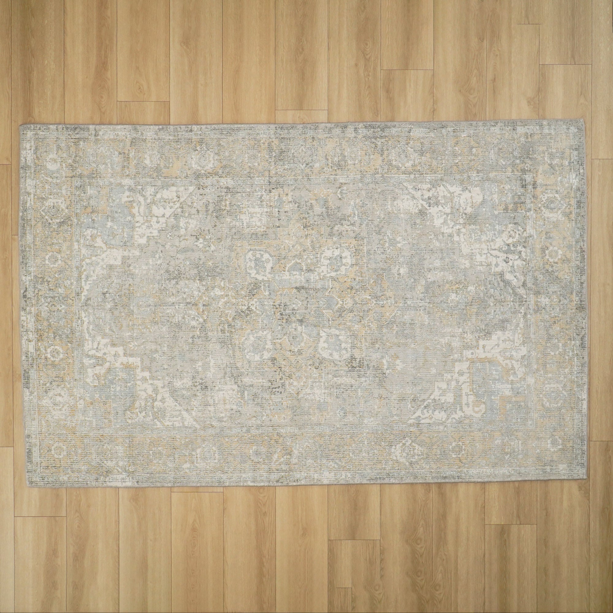 Tezgah Dokuma Vintage Desenli Gri Viskon Halı