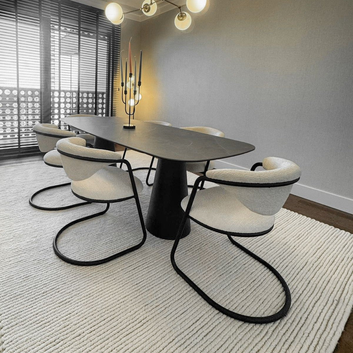 Hand-Woven Stripe Patterned White Wool Carpet