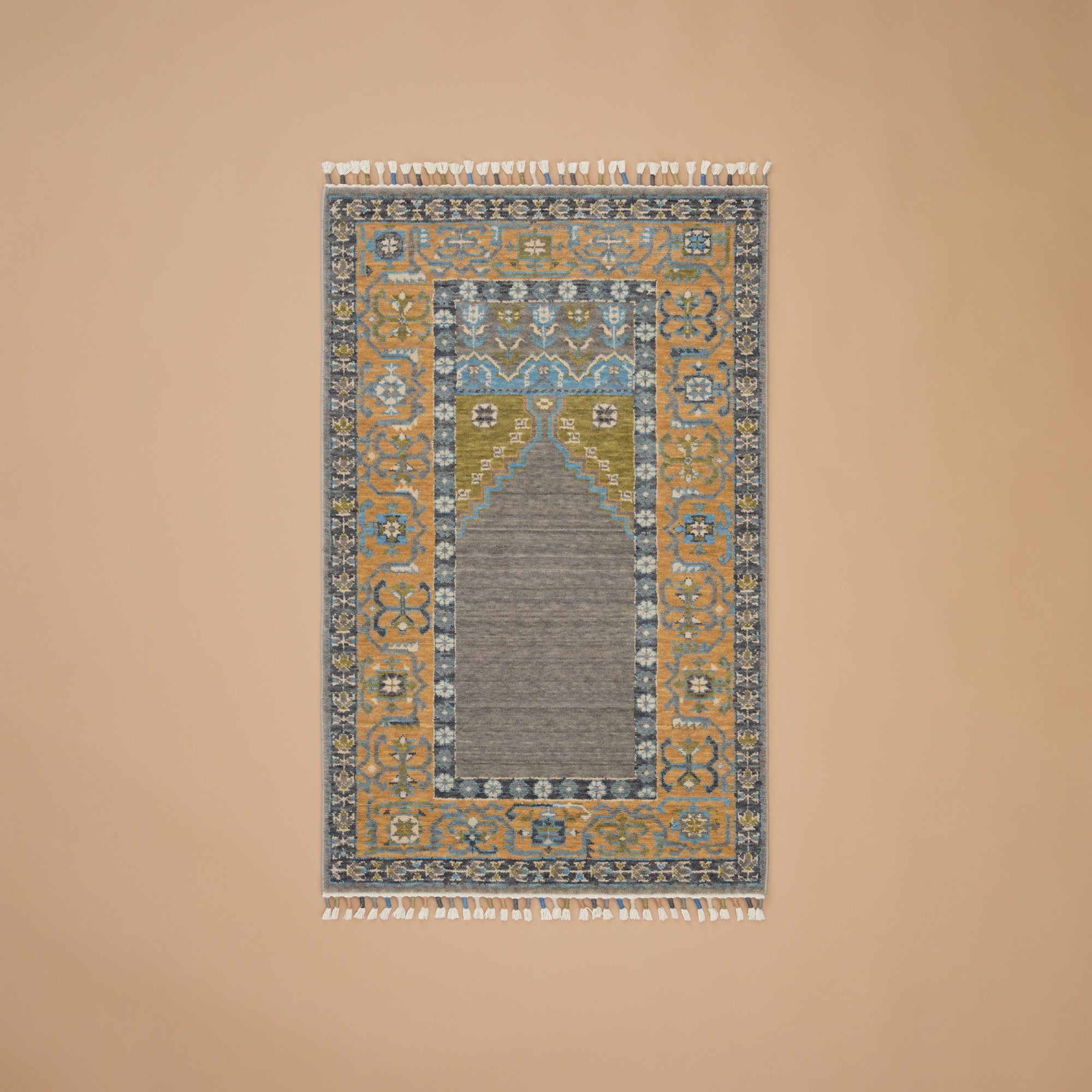 Tezgah Dokuma Gri Yün Seccade Rug