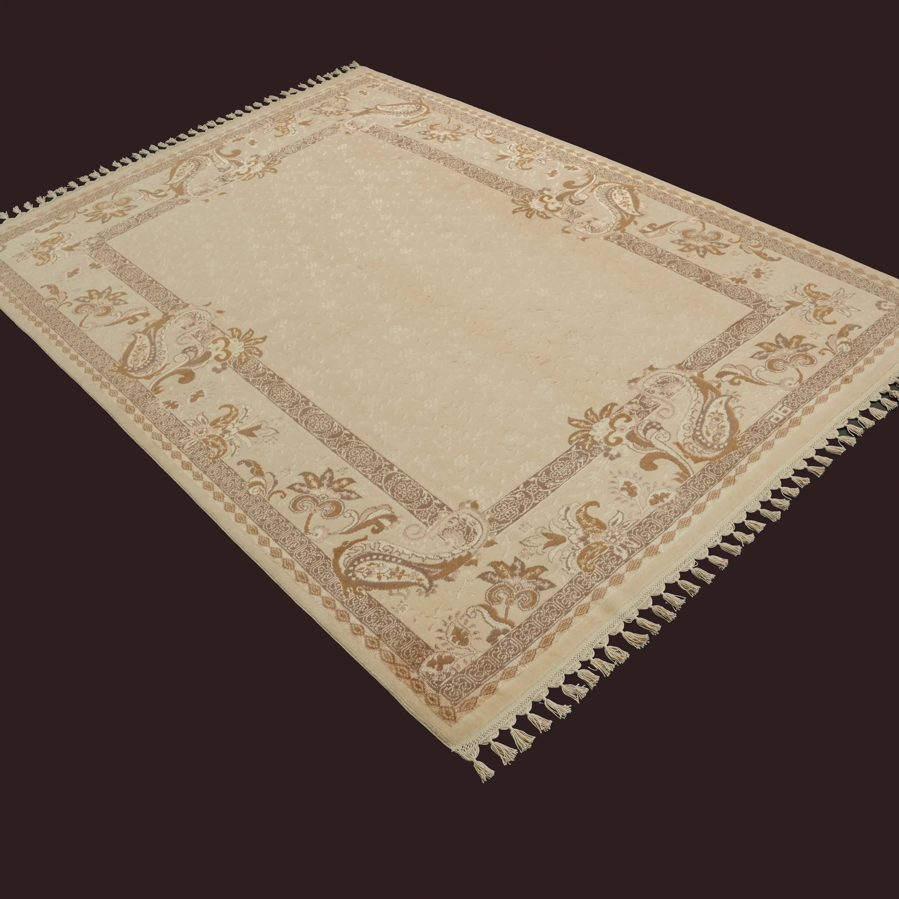 Hanzâde Serisi El Dokuma Çerçeve Desenli Krem İpekli Halı