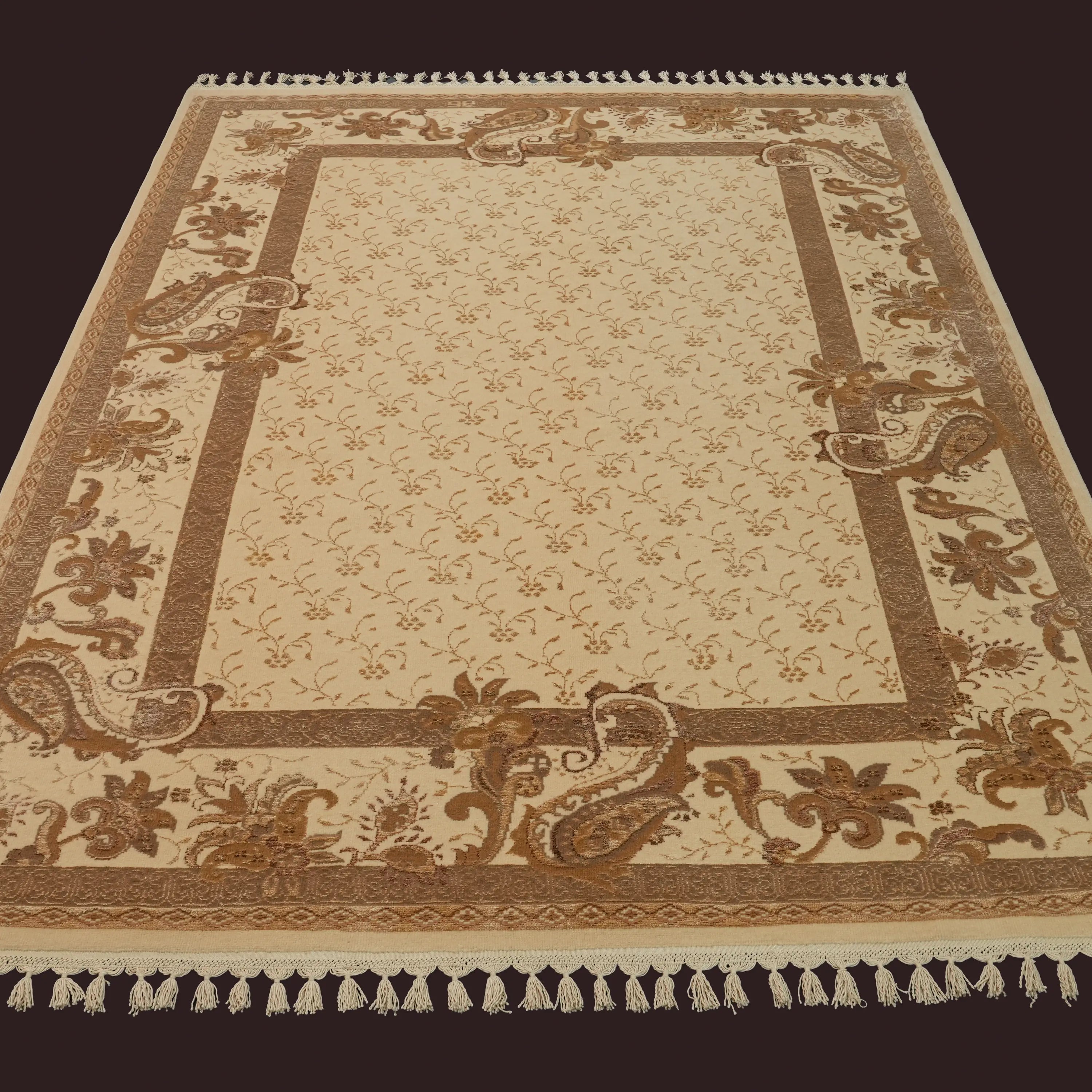 Hanzâde Serisi El Dokuma Çerçeve Desenli Krem İpekli Halı