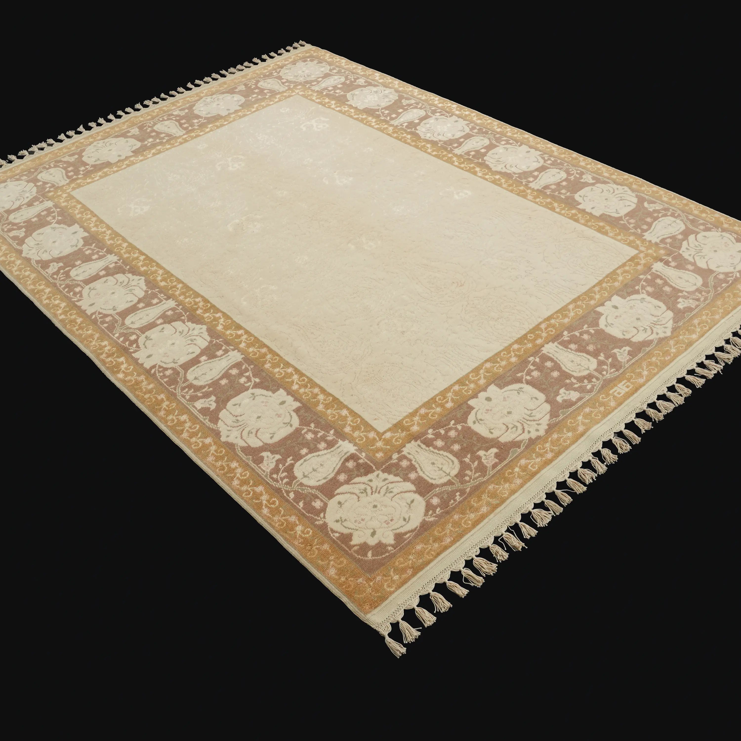 Hanzâde Serisi El Dokuma Çerçeve Desenli Krem Yün Halı