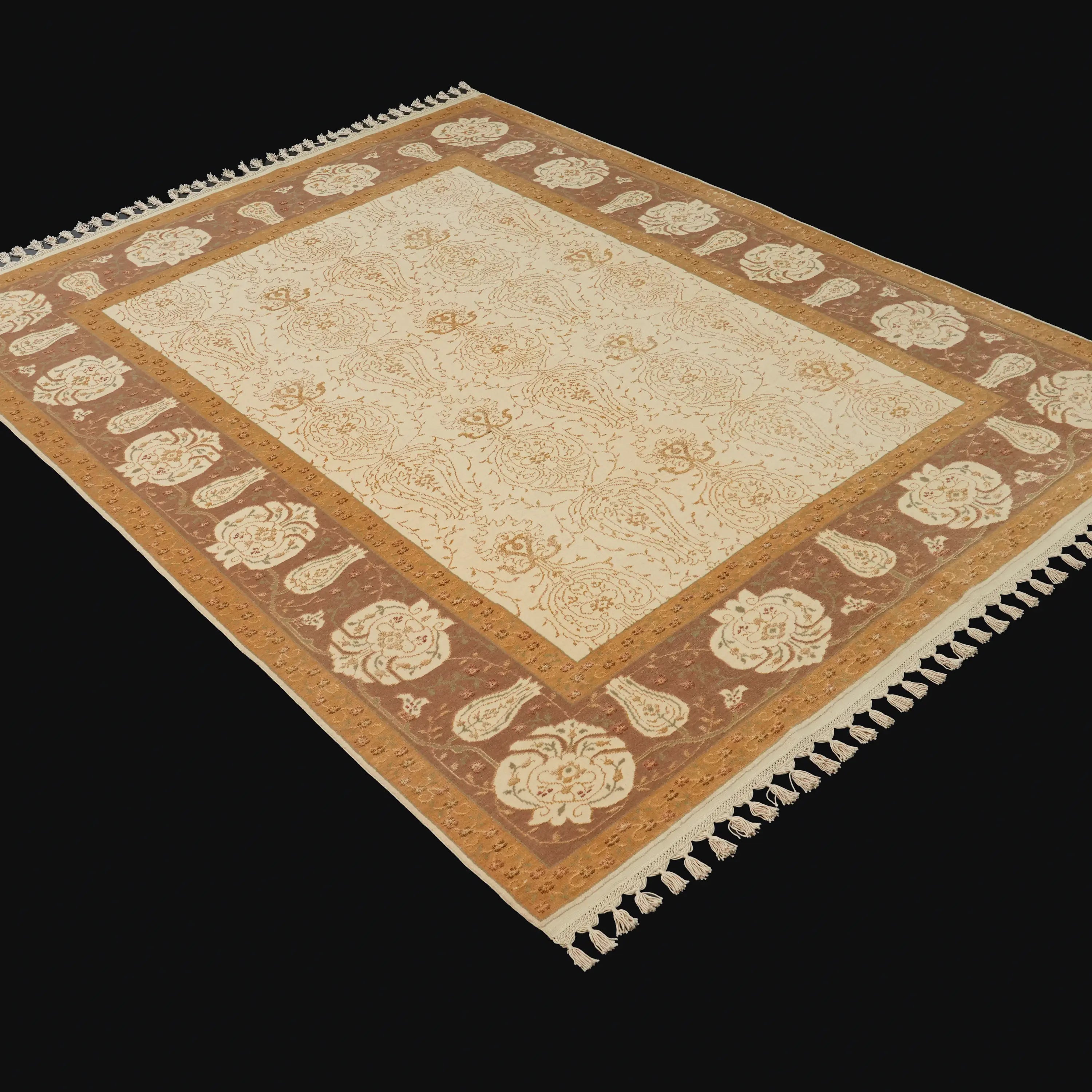 Hanzâde Series Handwoven Frame Patterned Cream Wool Rug