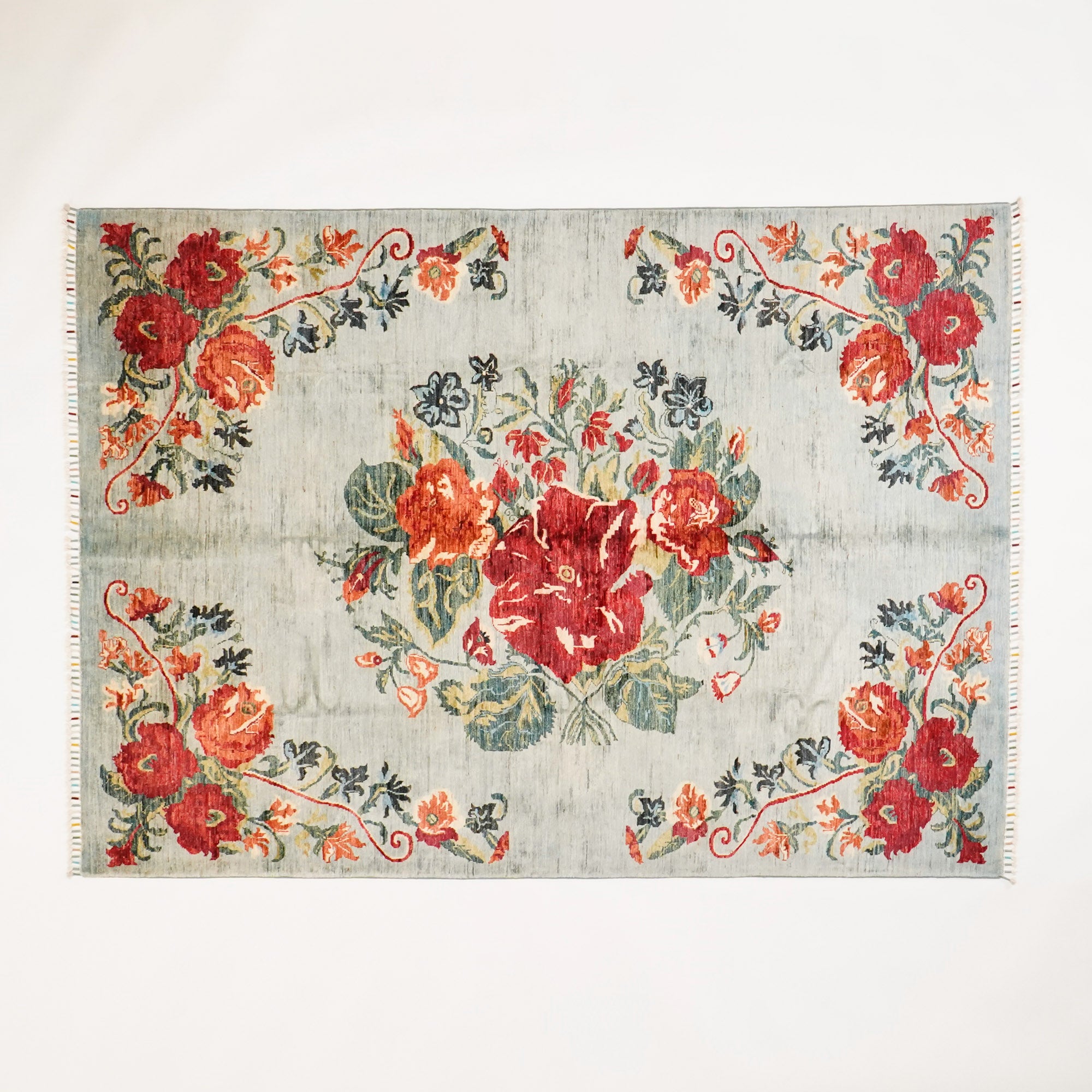 Hand Woven Karabakh Patterned Wool Green Carpet