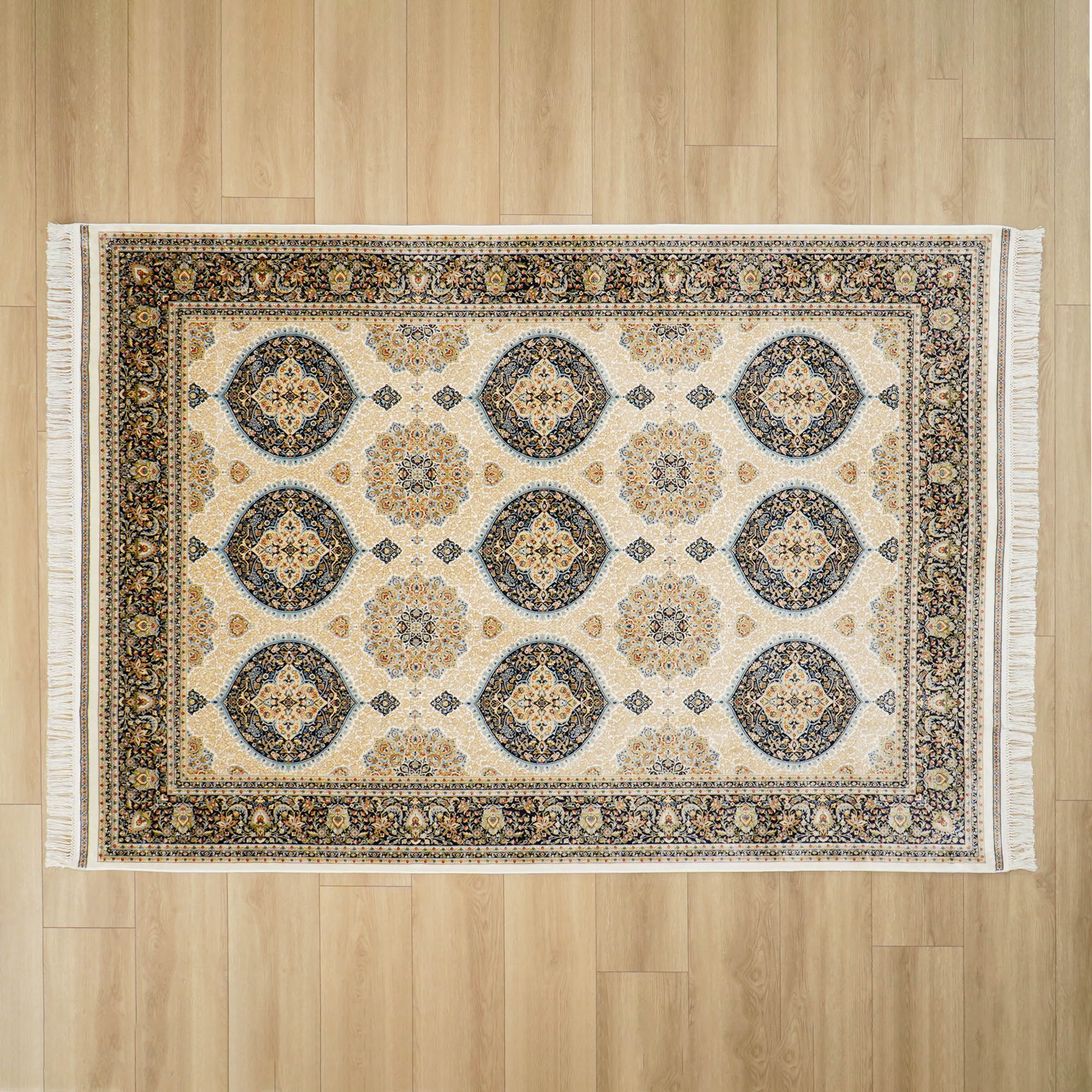 Makine Dokuma Çerçeve Desenli Krem Viskon Halı