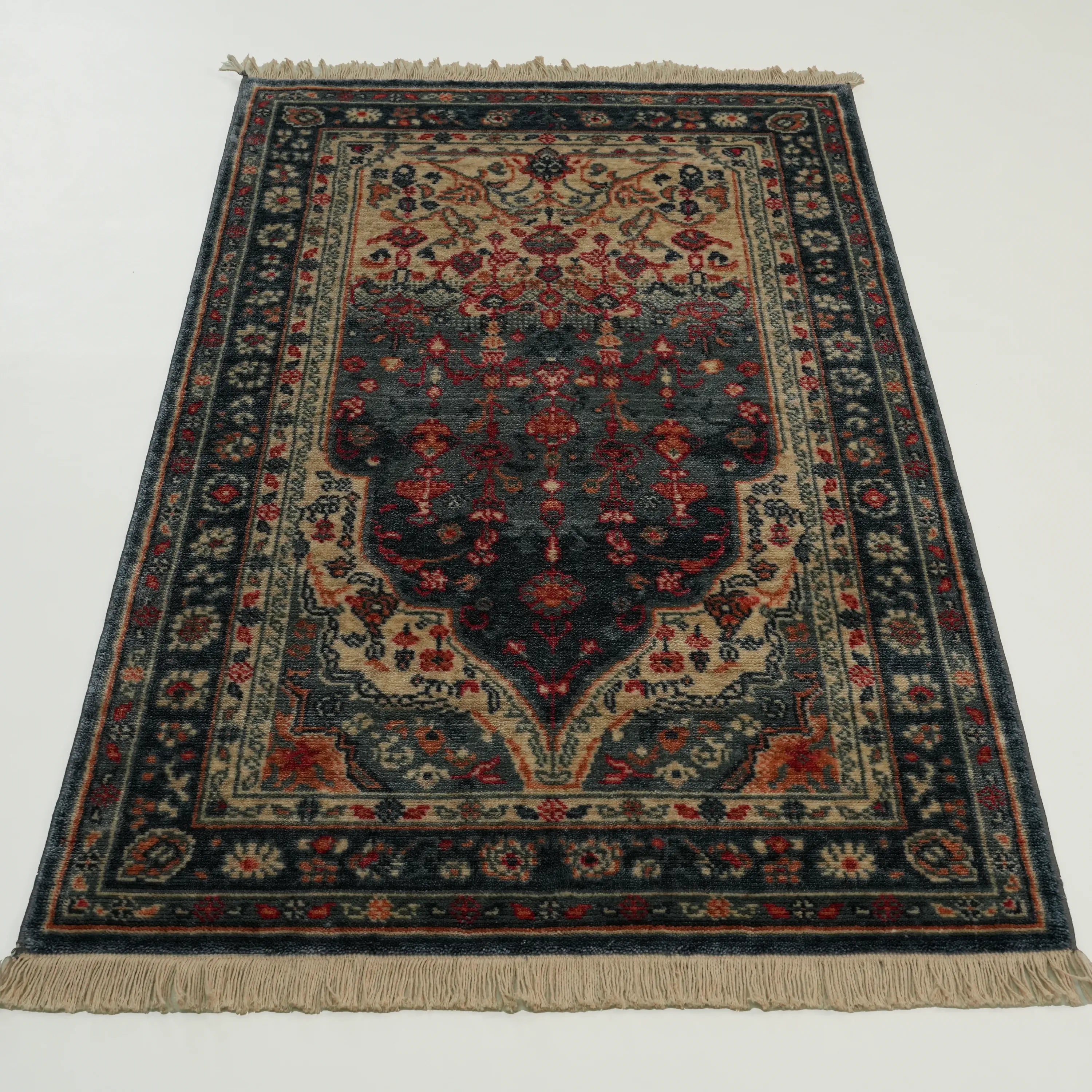 Mavi Tencel Tezgah Dokuma Halı Seccade