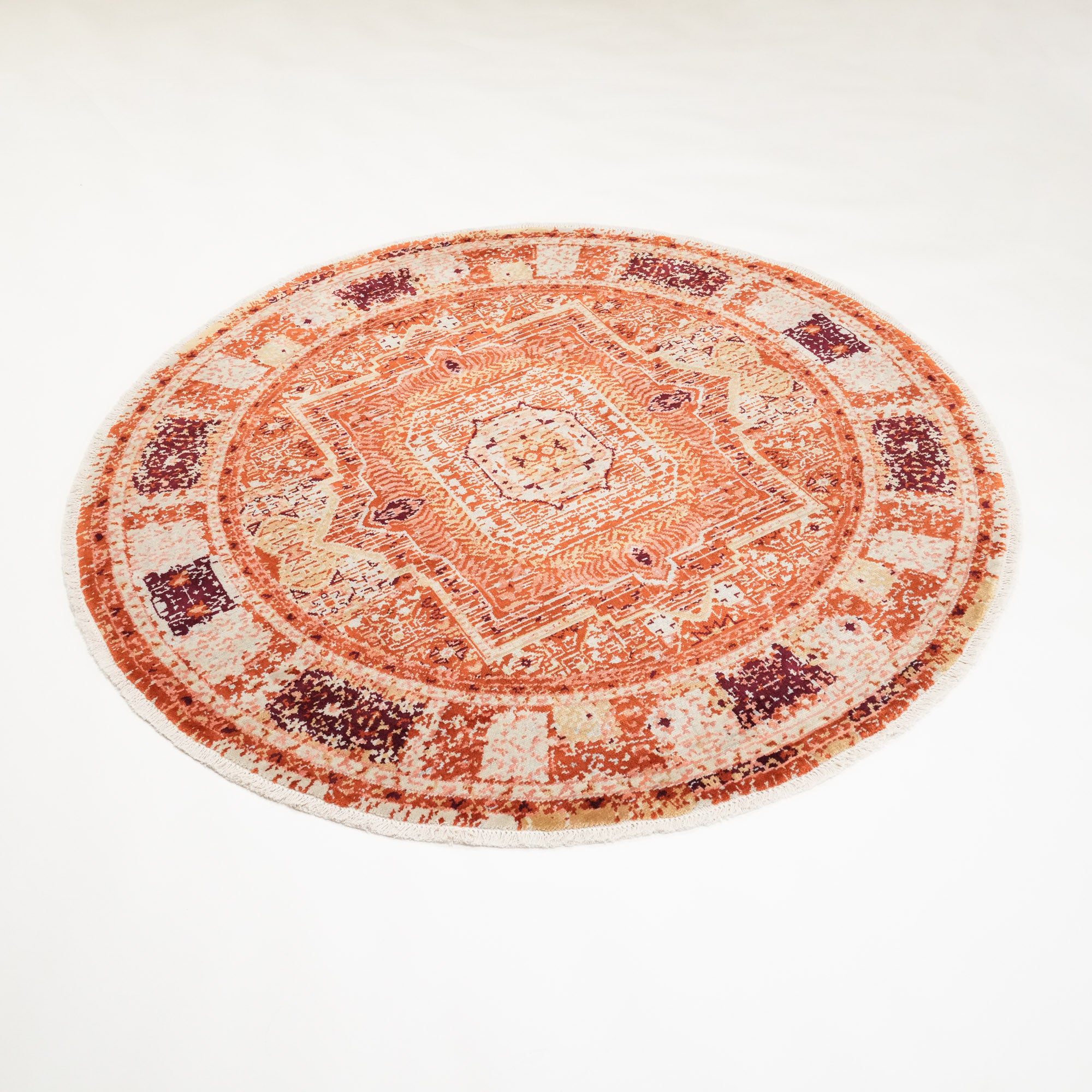 Tempus Series Mamluk Patterned Orange Round Wool Special Loom Carpet