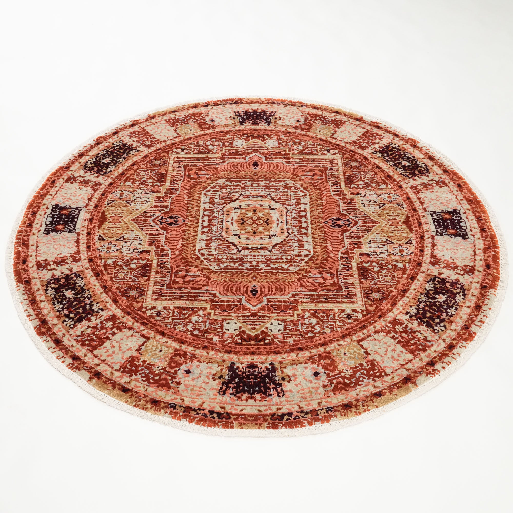 Tempus Series Mamluk Patterned Orange Round Wool Special Loom Carpet