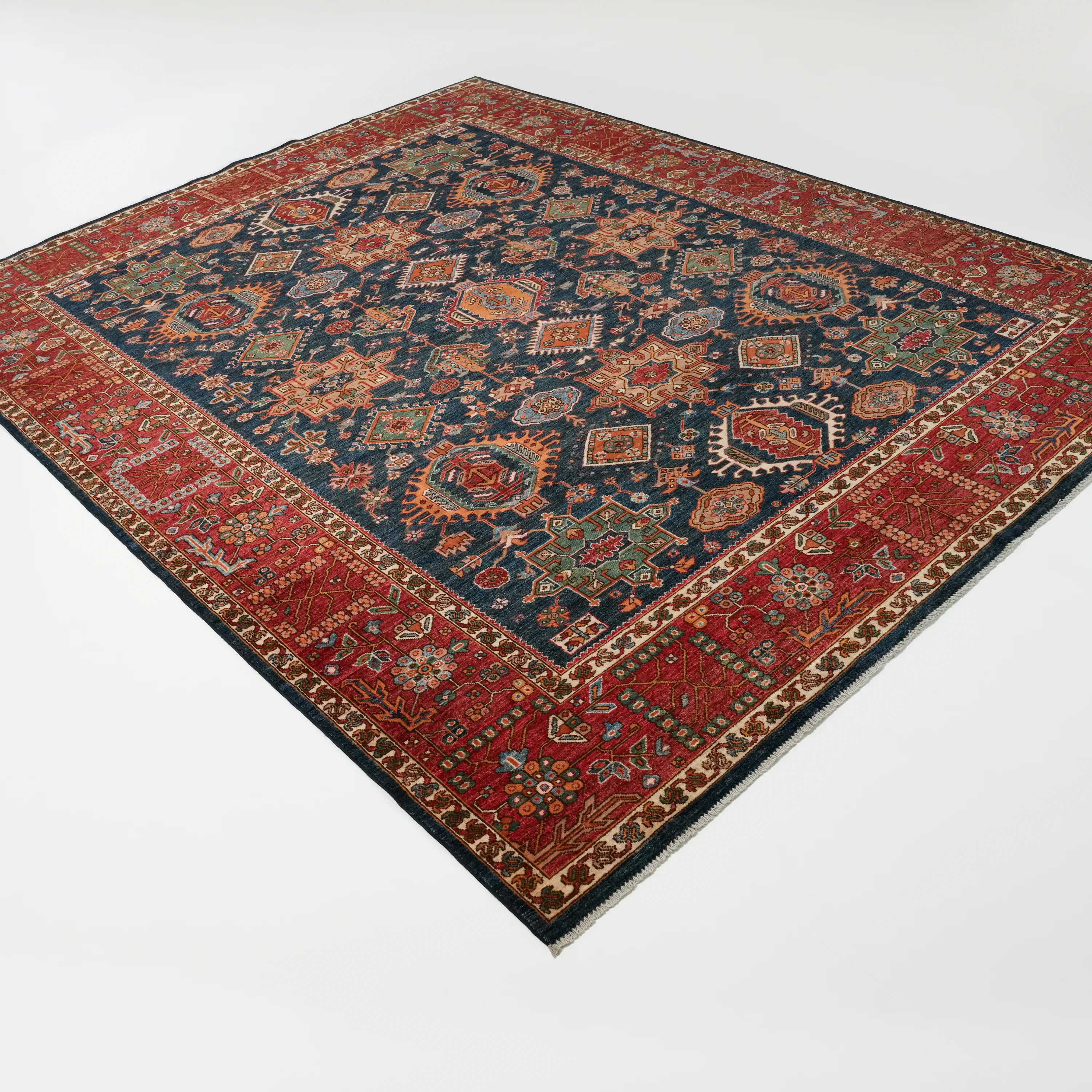 Mihman Series Handwoven Anatolian Patterned Navy Wool Rug