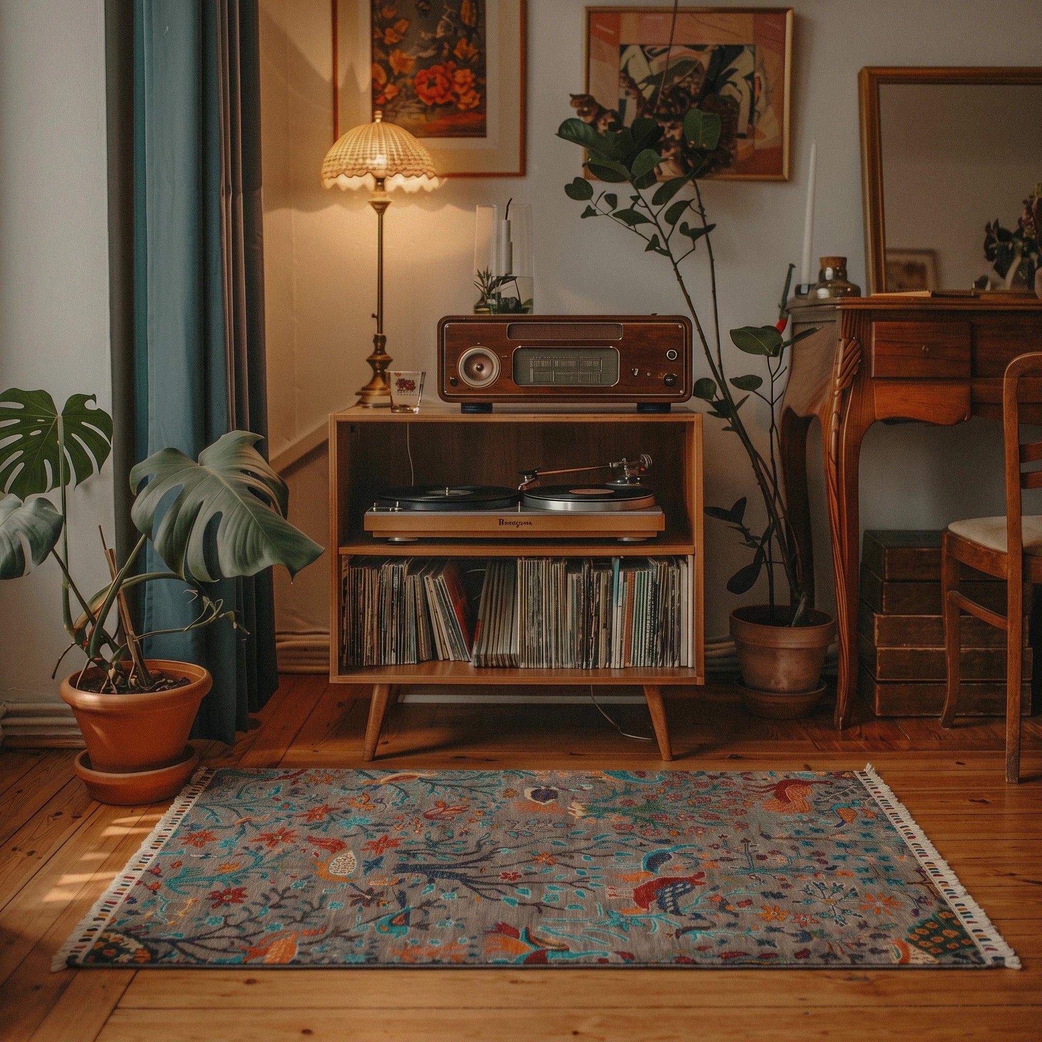 Mihman Series Handwoven Floral Patterned Gray Wool Rug