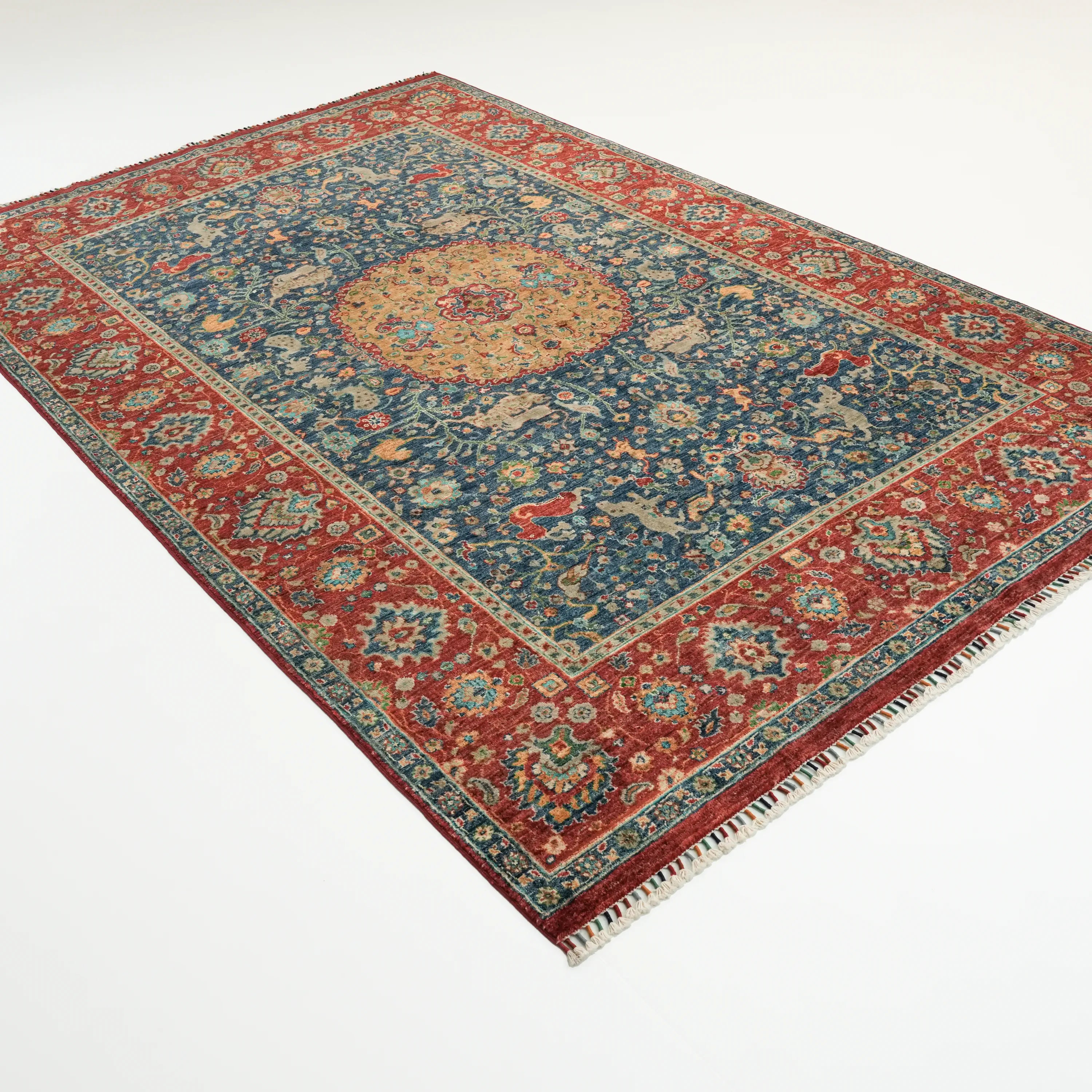 Mihman Serisi El Dokuma Madalyon Uşak Desenli Mavi Yün Halı