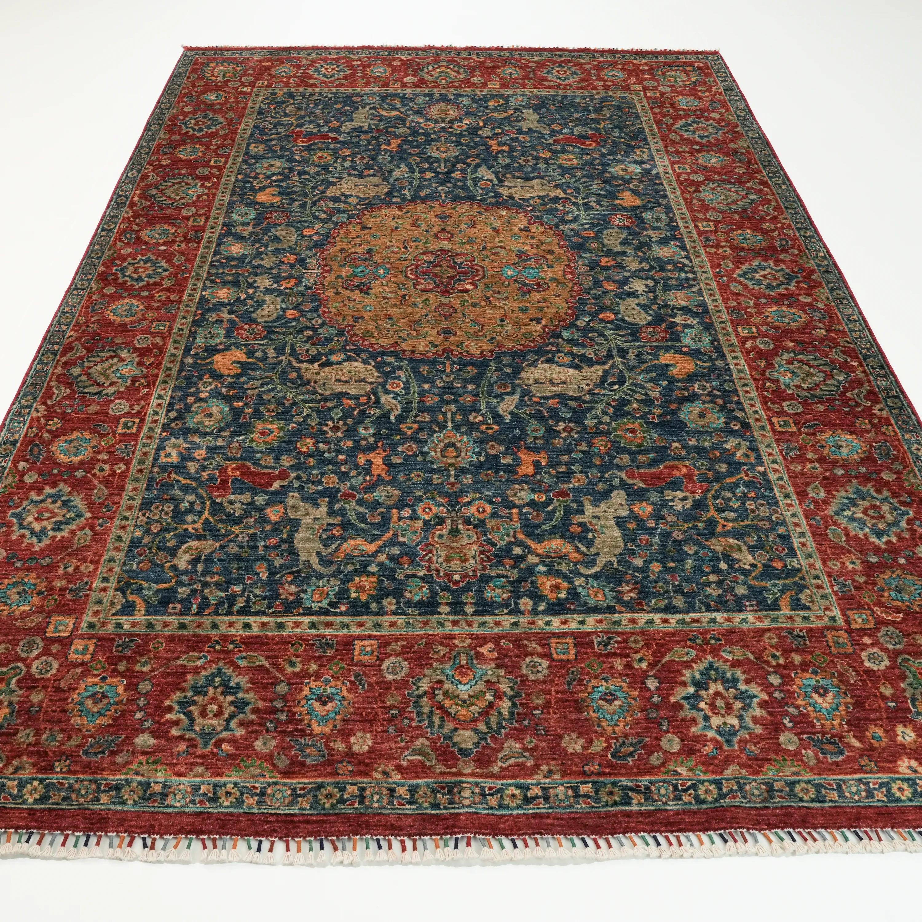 Mihman Serisi El Dokuma Madalyon Uşak Desenli Mavi Yün Halı