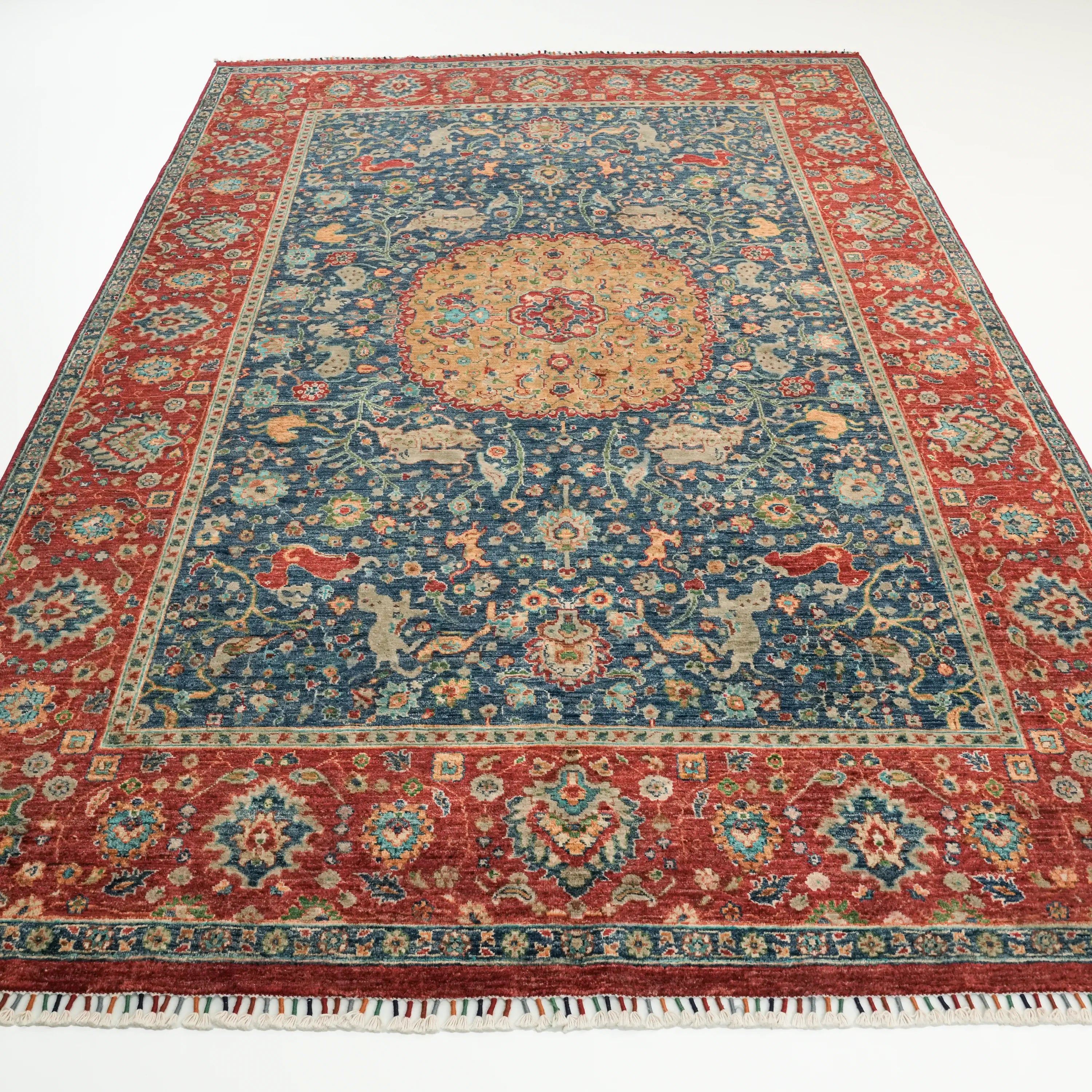 Mihman Serisi El Dokuma Madalyon Uşak Desenli Mavi Yün Halı