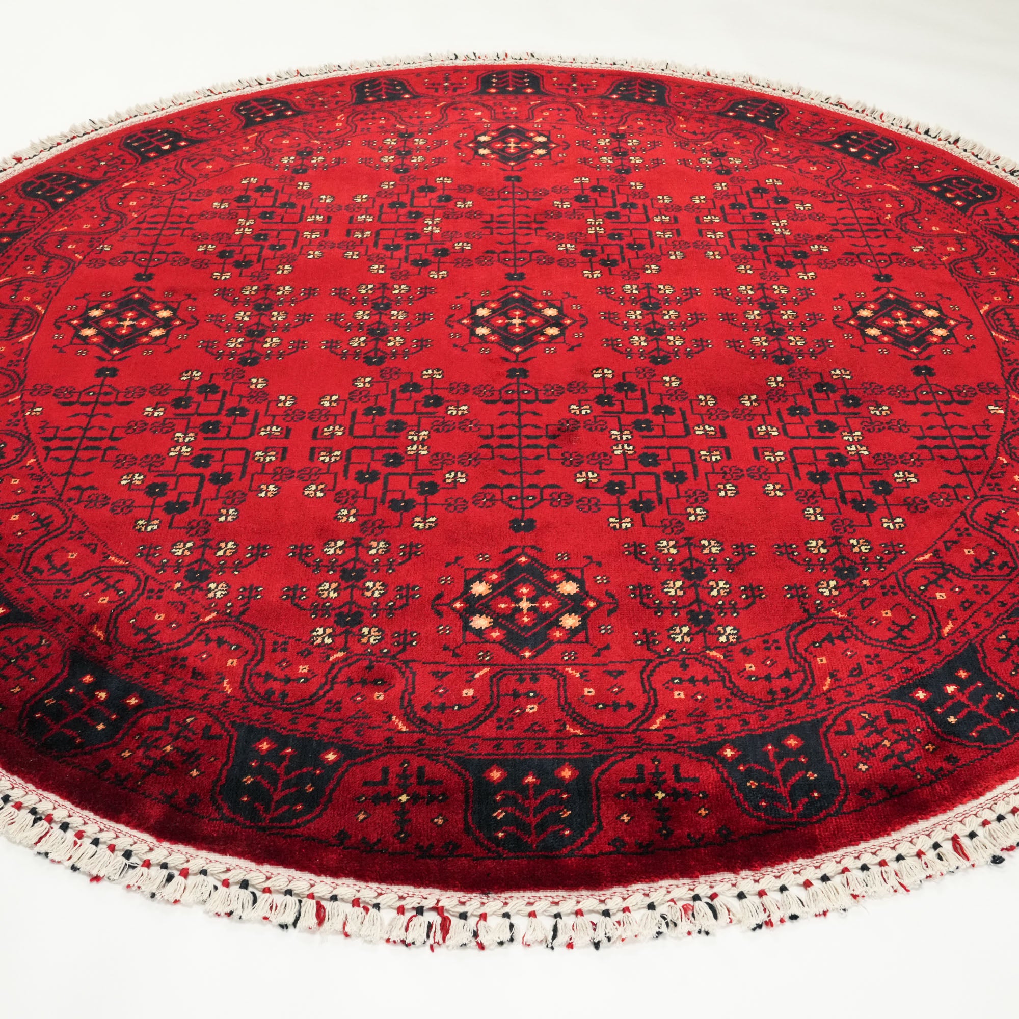 Nostalji Serisi Afgan Türkmen Desenli Tezgah Dokuma Tencel Yuvarlak Halı