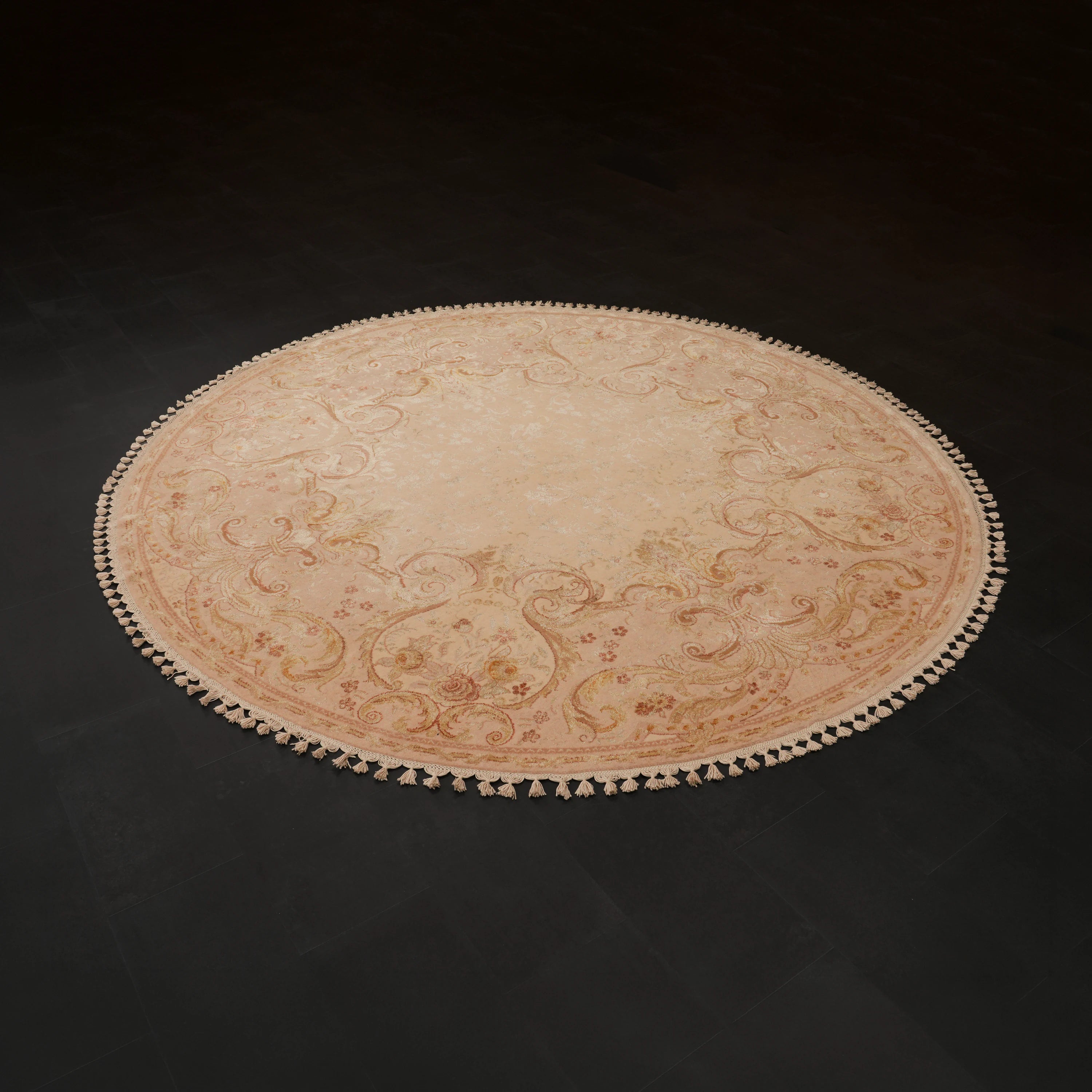 Pera Series Handwoven Floral Patterned Cream Silk Round Rug