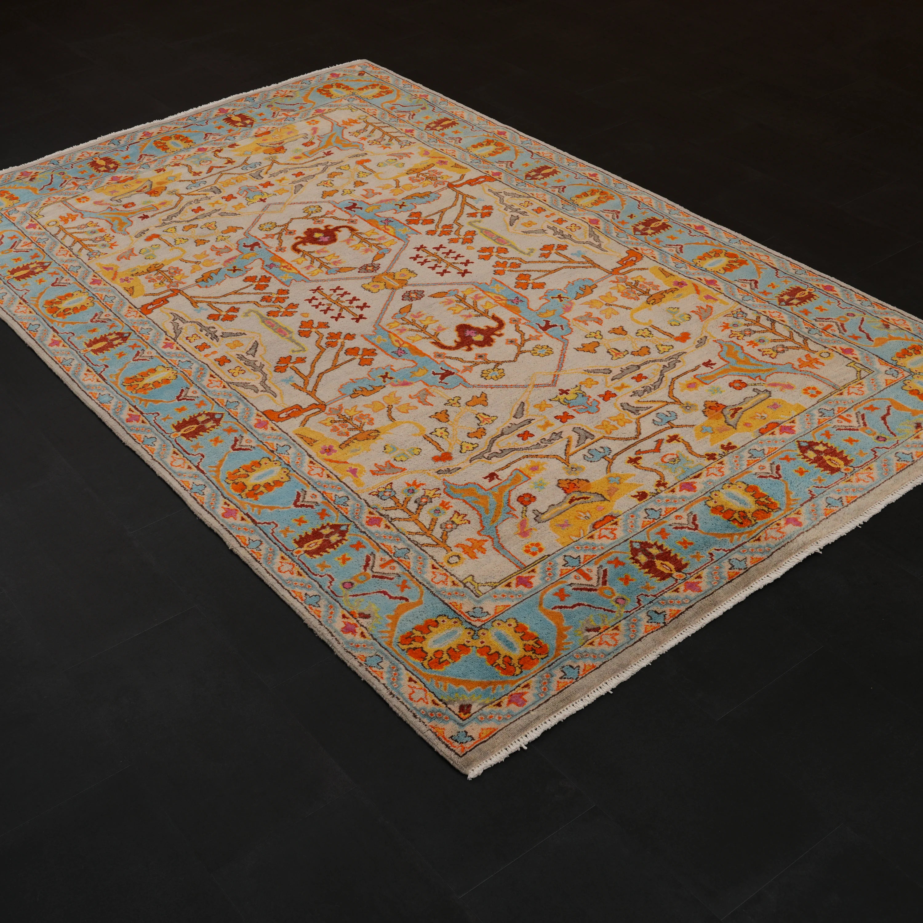 Şahzade Serisi El Dokuma Uşak Desenli Yün Turkuaz Halı