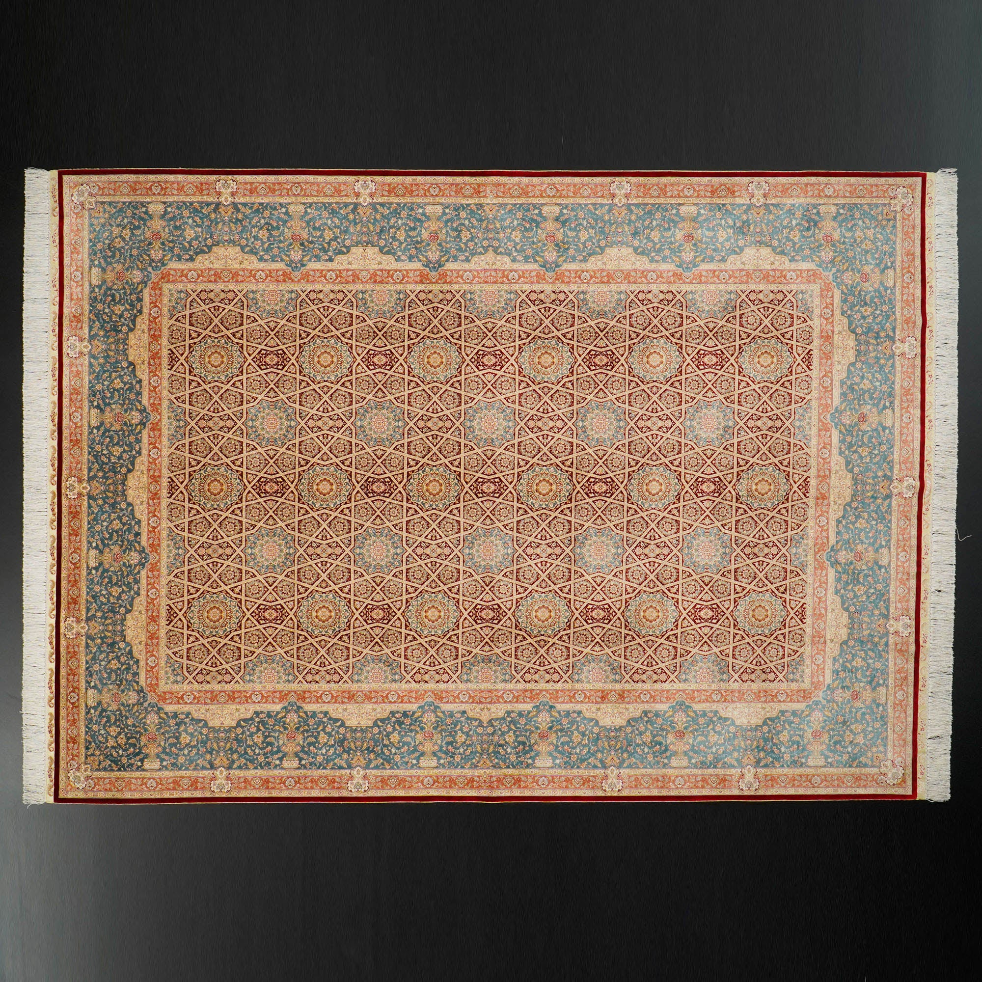 Seljuk Pattern Handwoven Burgundy Silk Rug