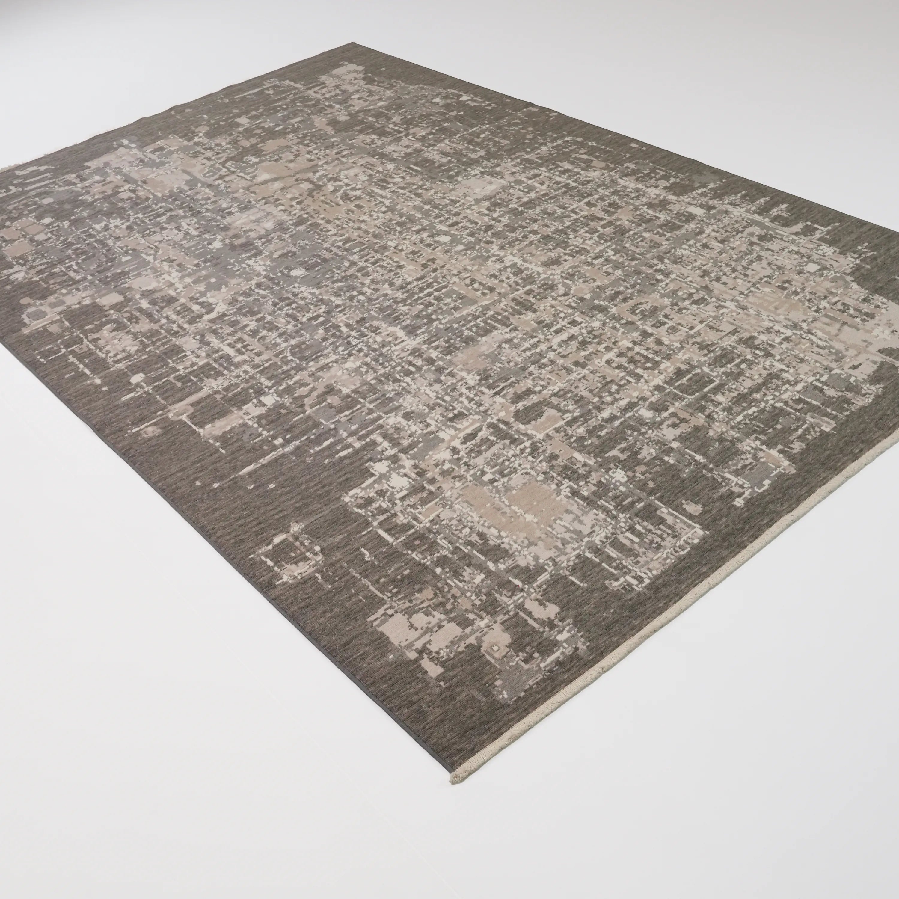 Tempus Serisi Soyut Desenli Yün Gri Tezgah Dokuma Halı