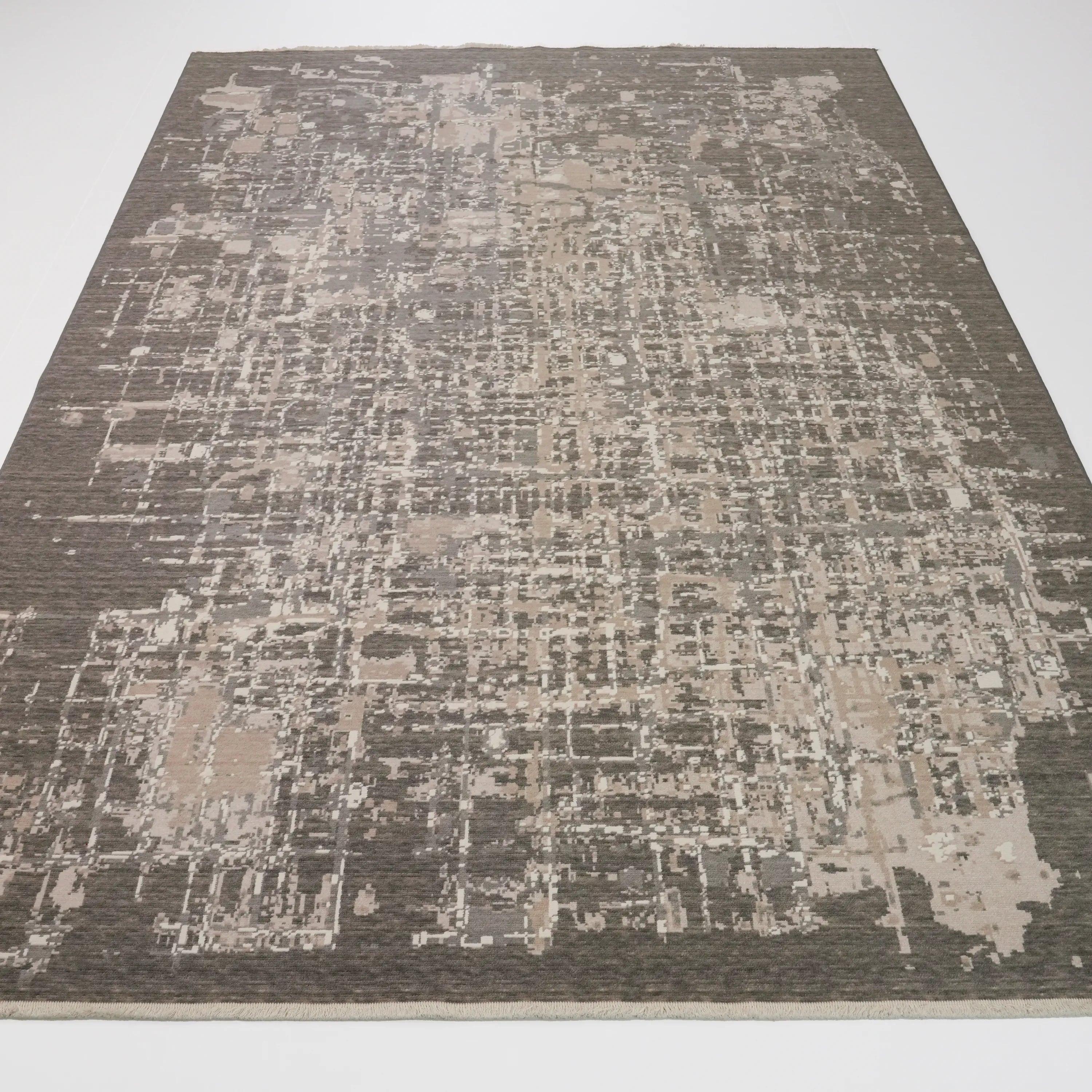 Tempus Serisi Soyut Desenli Yün Gri Tezgah Dokuma Halı